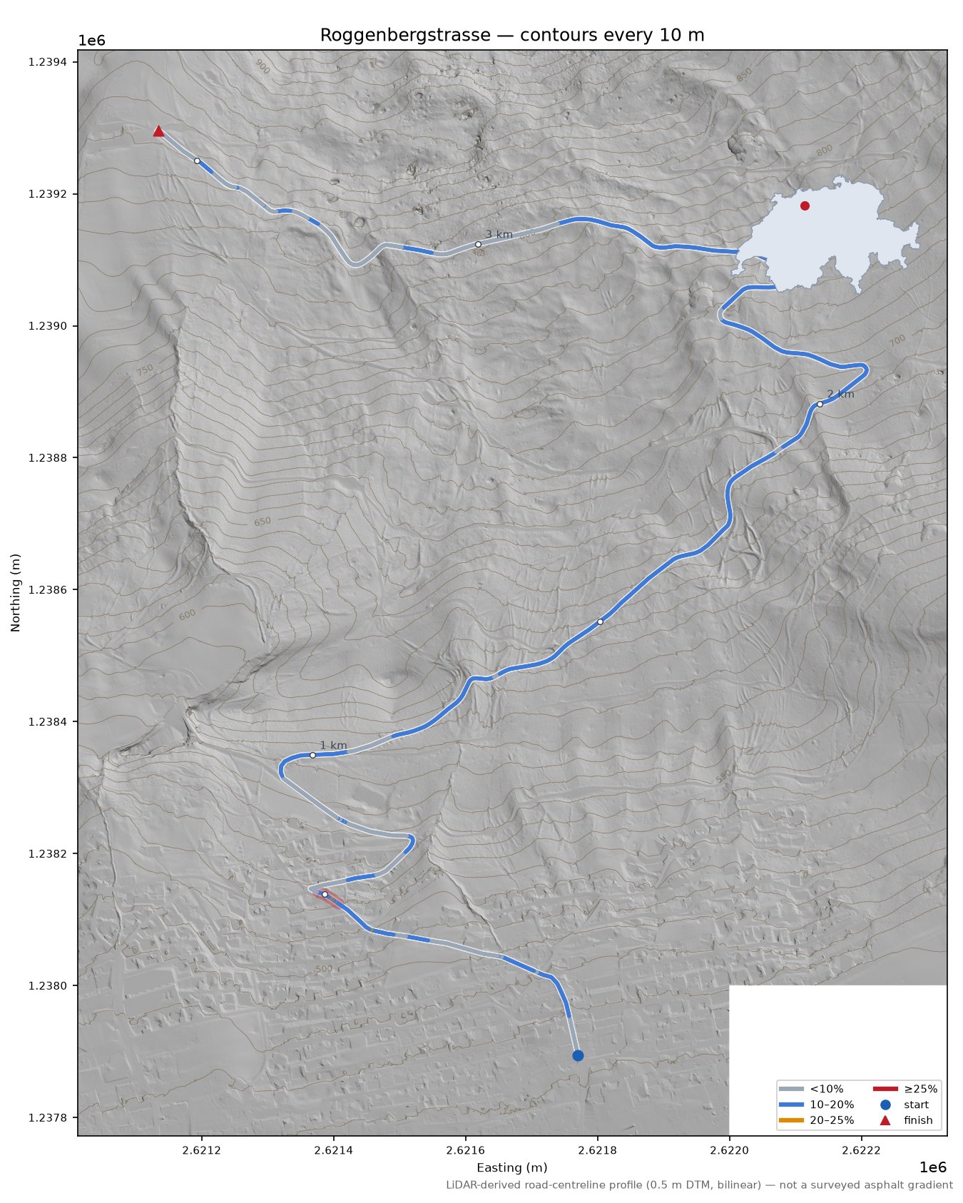 Roggenbergstrasse LiDAR hillshade map with contours