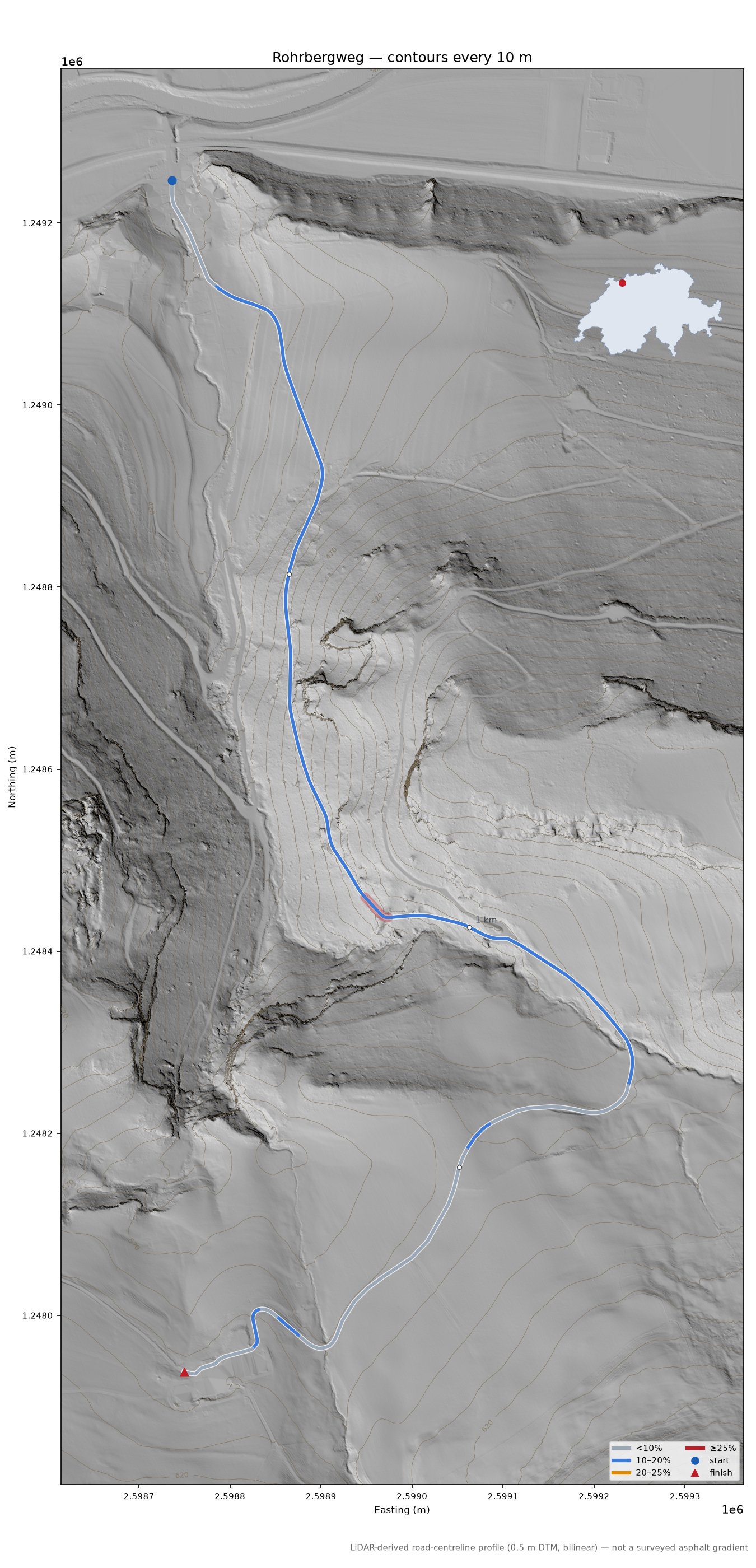 Rohrbergweg LiDAR hillshade map with contours