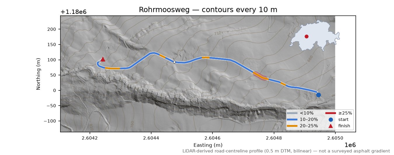 Rohrmoosweg LiDAR hillshade map with contours