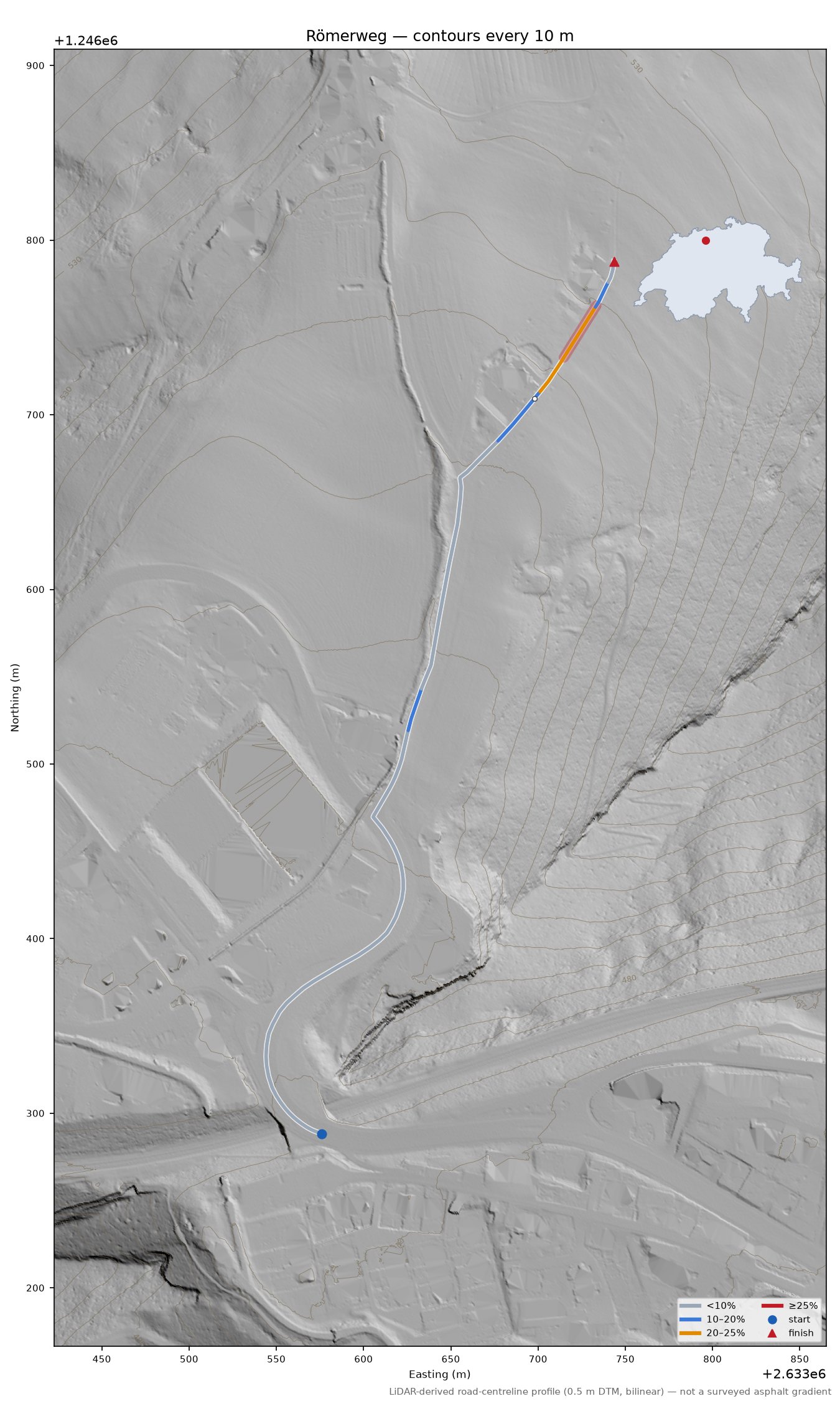 Römerweg LiDAR hillshade map with contours