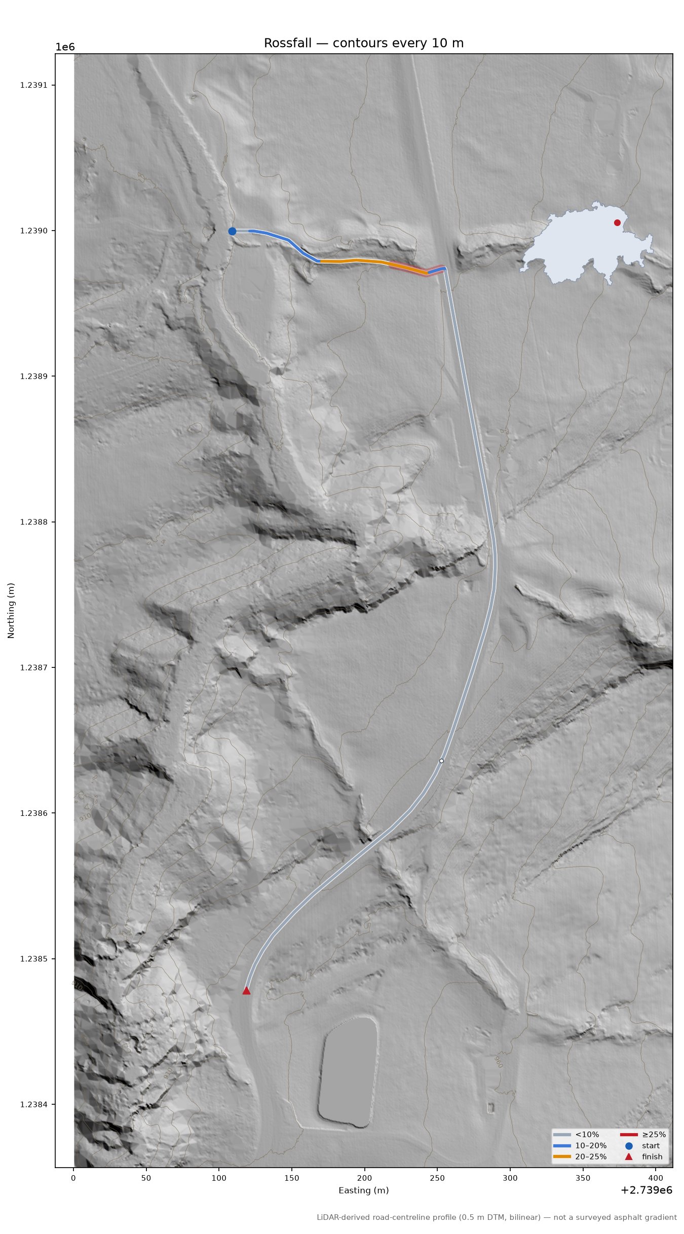 Rossfall LiDAR hillshade map with contours