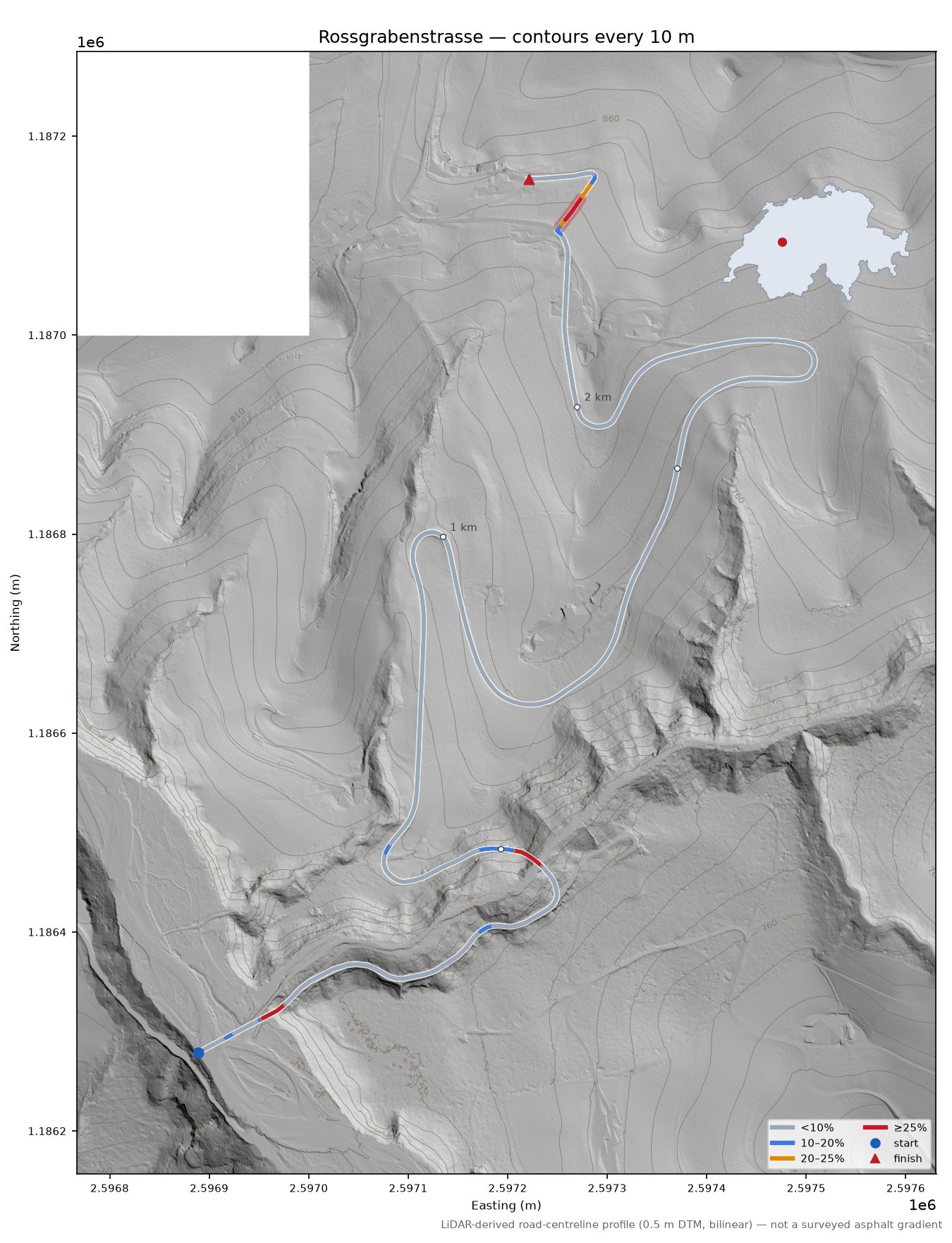 Rossgrabenstrasse LiDAR hillshade map with contours