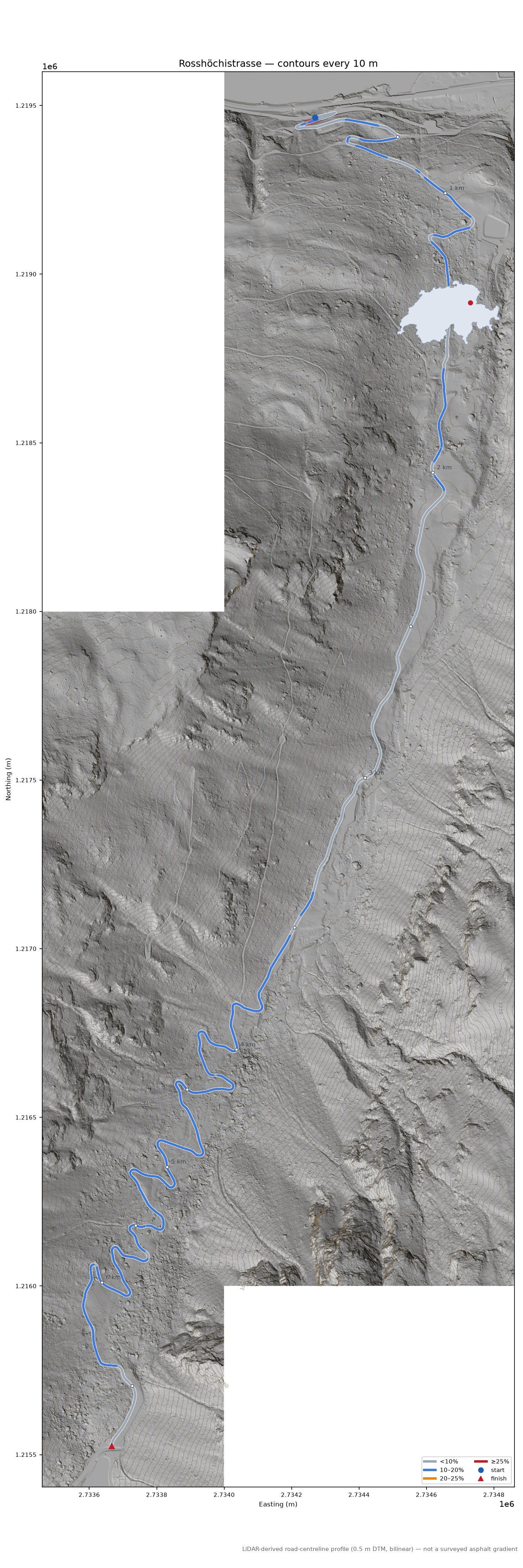 Rosshöchistrasse LiDAR hillshade map with contours