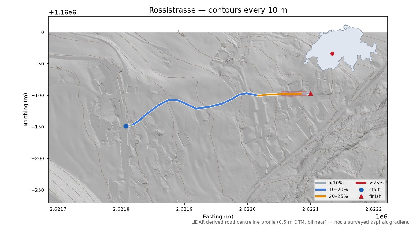 Rossistrasse LiDAR hillshade map with contours