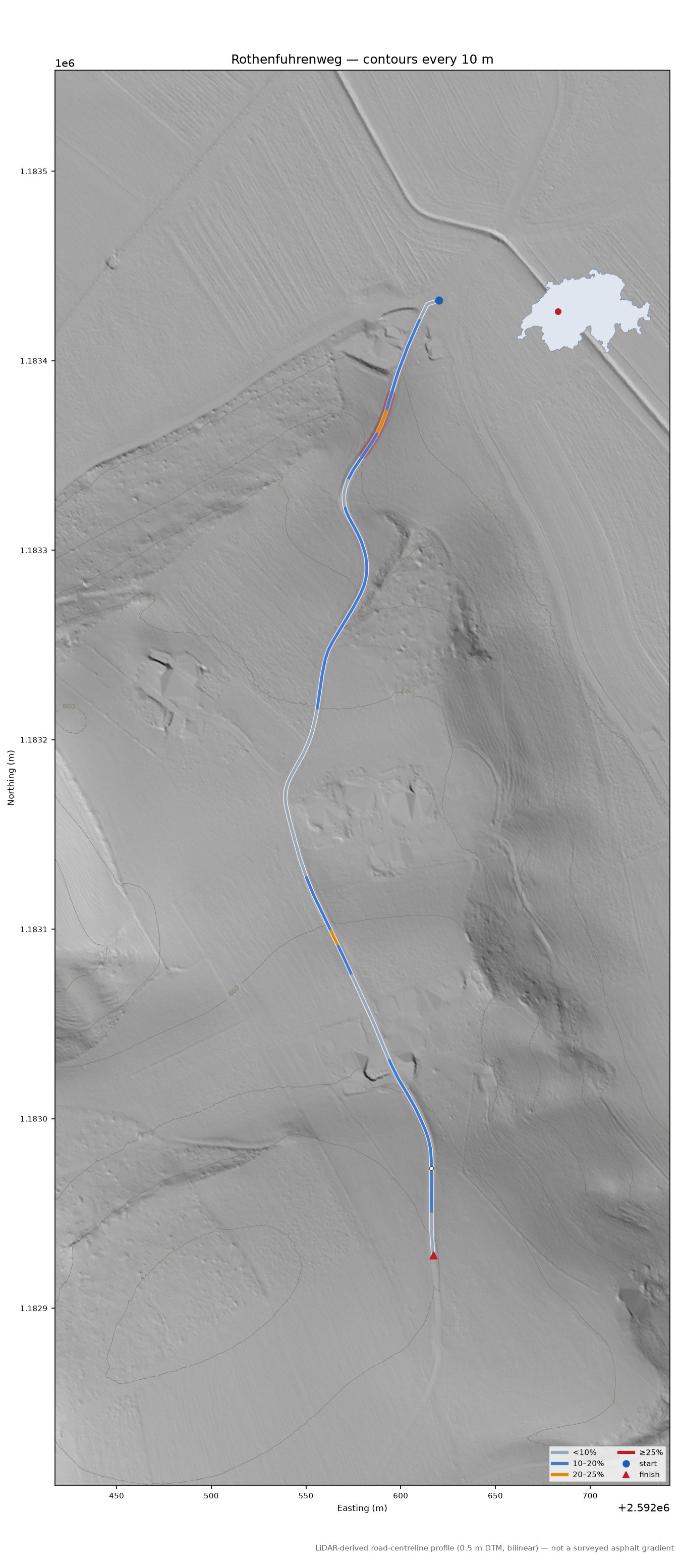 Rothenfuhrenweg LiDAR hillshade map with contours