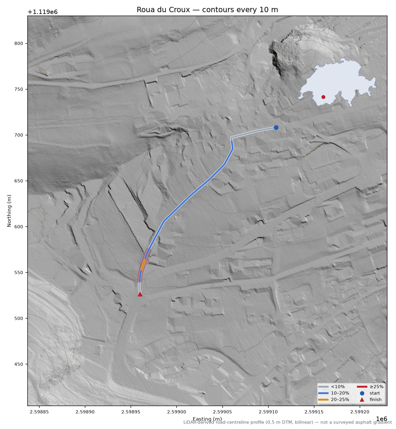 Roua du Croux LiDAR hillshade map with contours