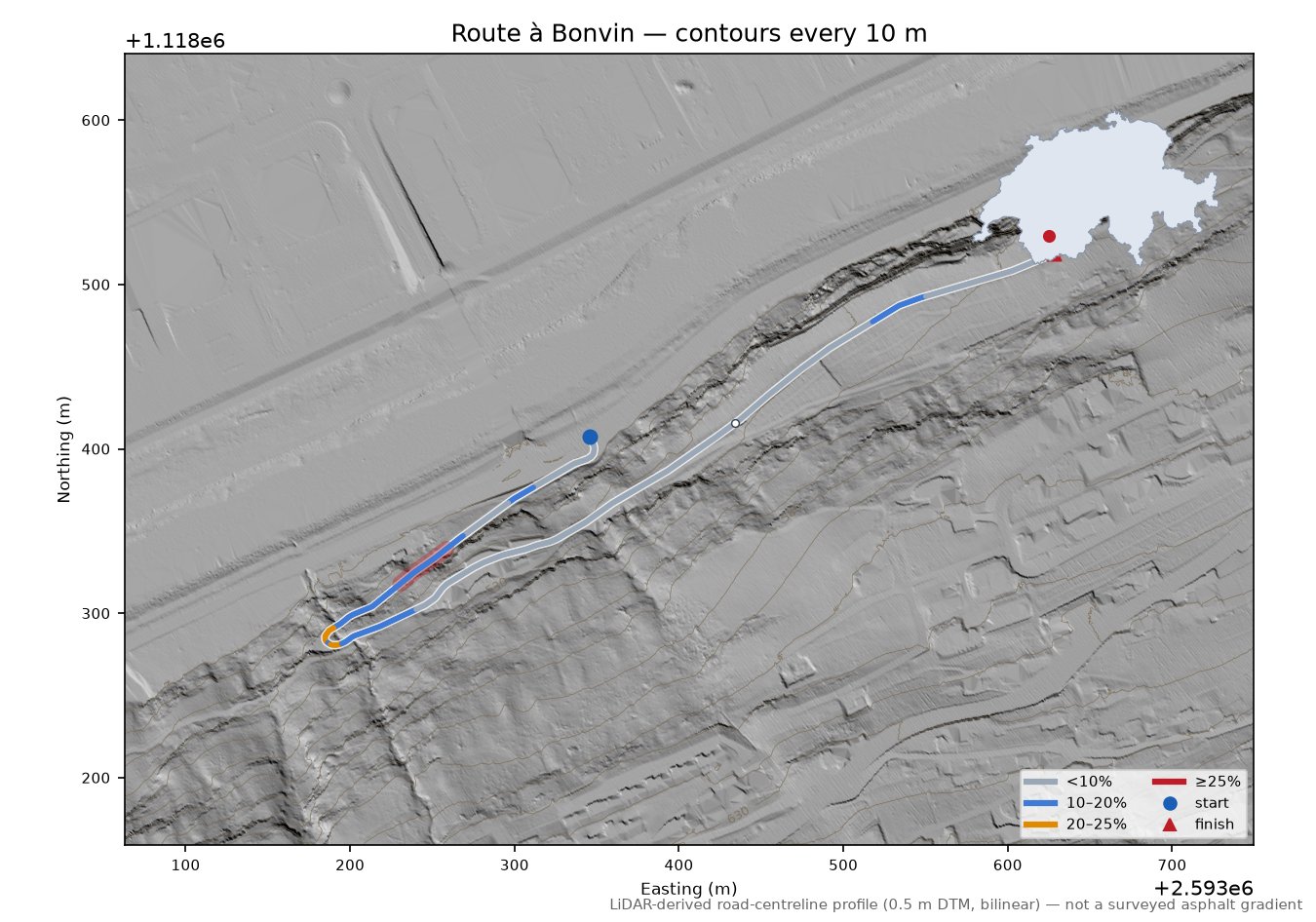 Route à Bonvin LiDAR hillshade map with contours