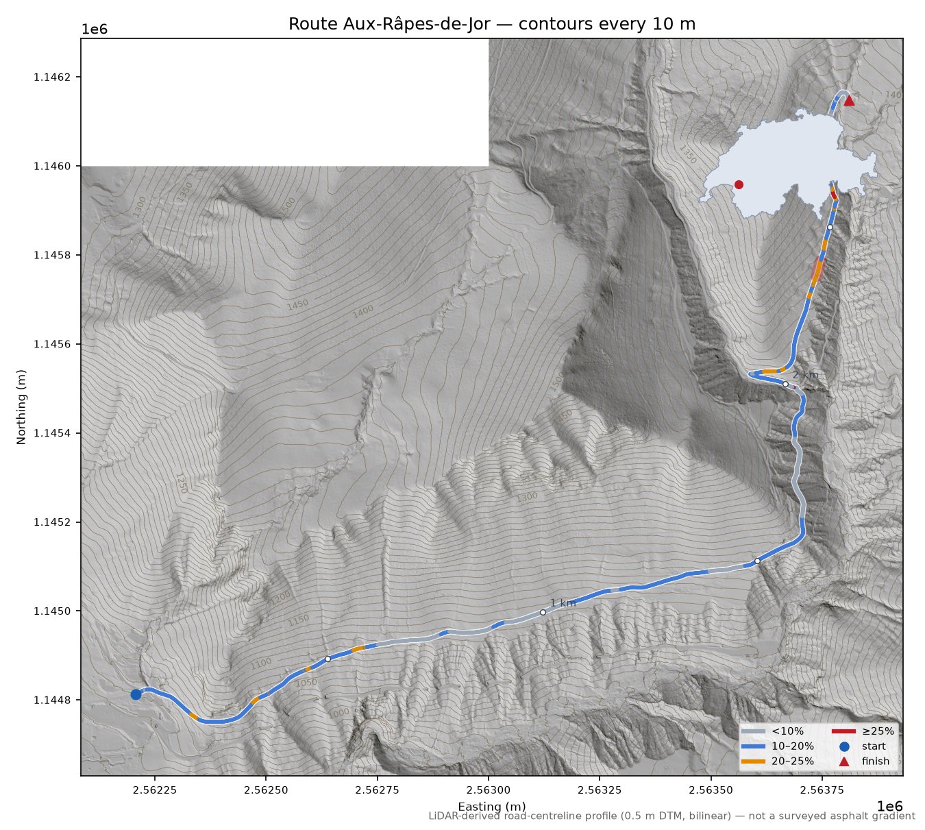 Route Aux-Râpes-de-Jor LiDAR hillshade map with contours