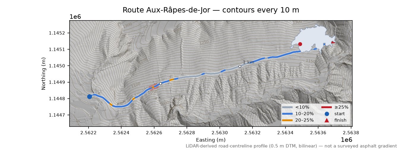 Route Aux-Râpes-de-Jor LiDAR hillshade map with contours