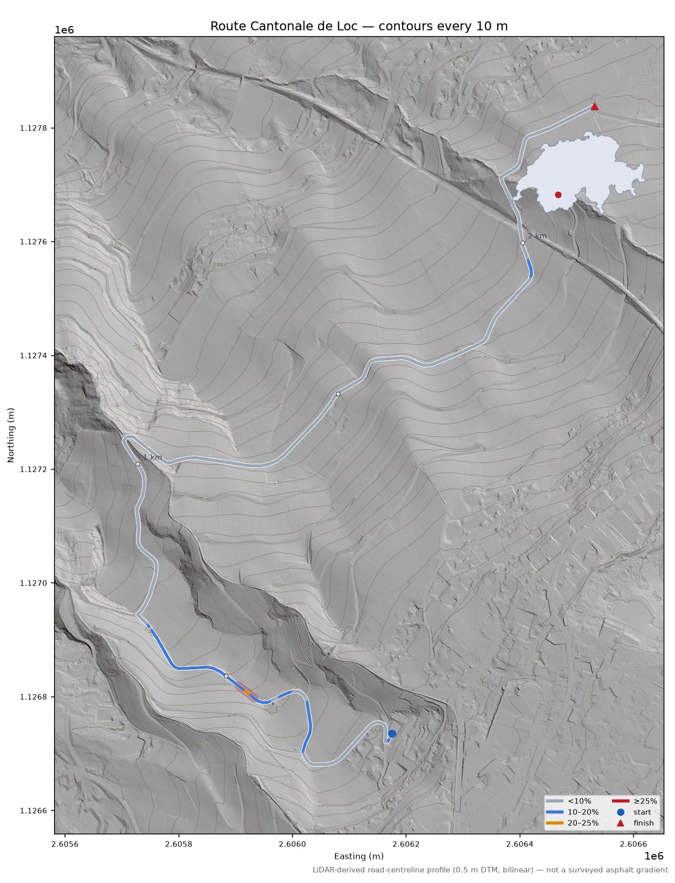 Route Cantonale de Loc LiDAR hillshade map with contours