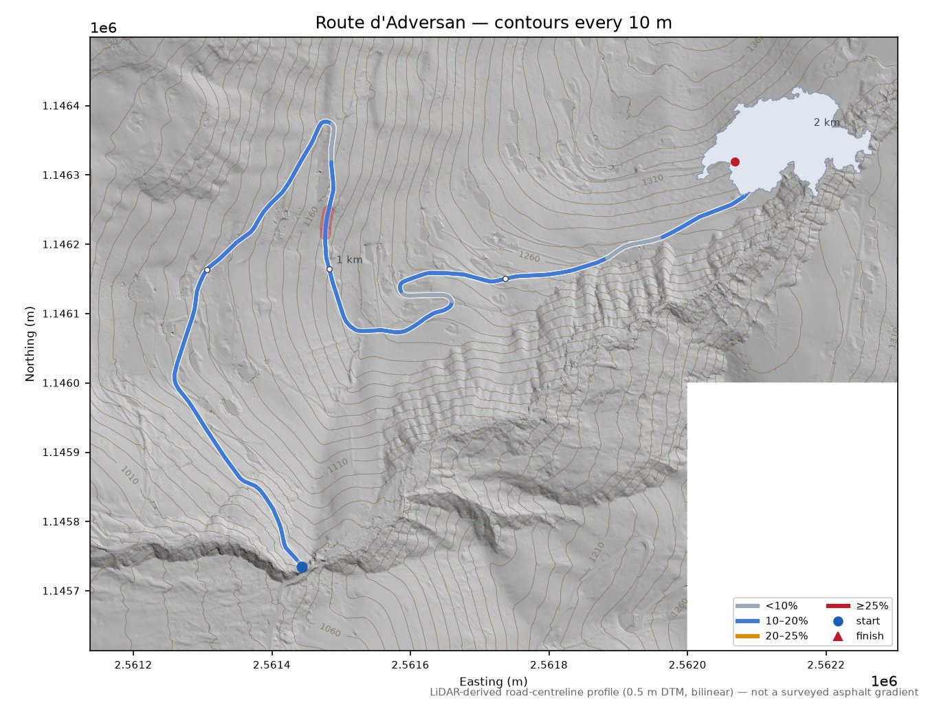 Route d'Adversan LiDAR hillshade map with contours