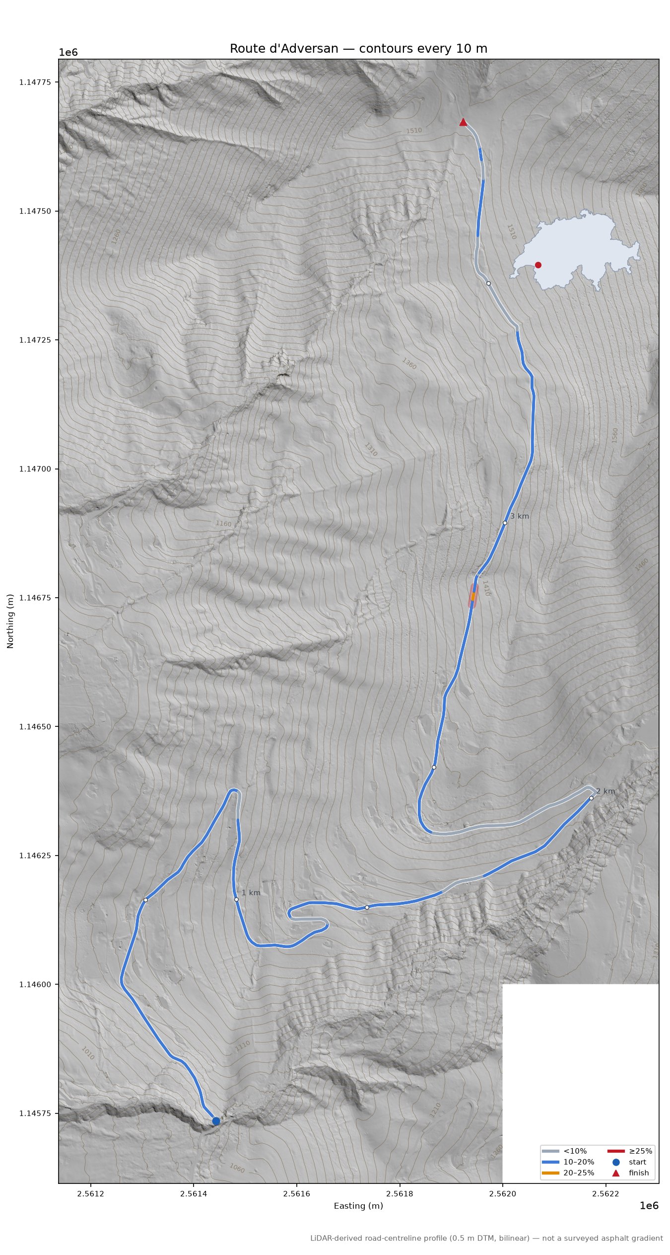 Route d'Adversan LiDAR hillshade map with contours