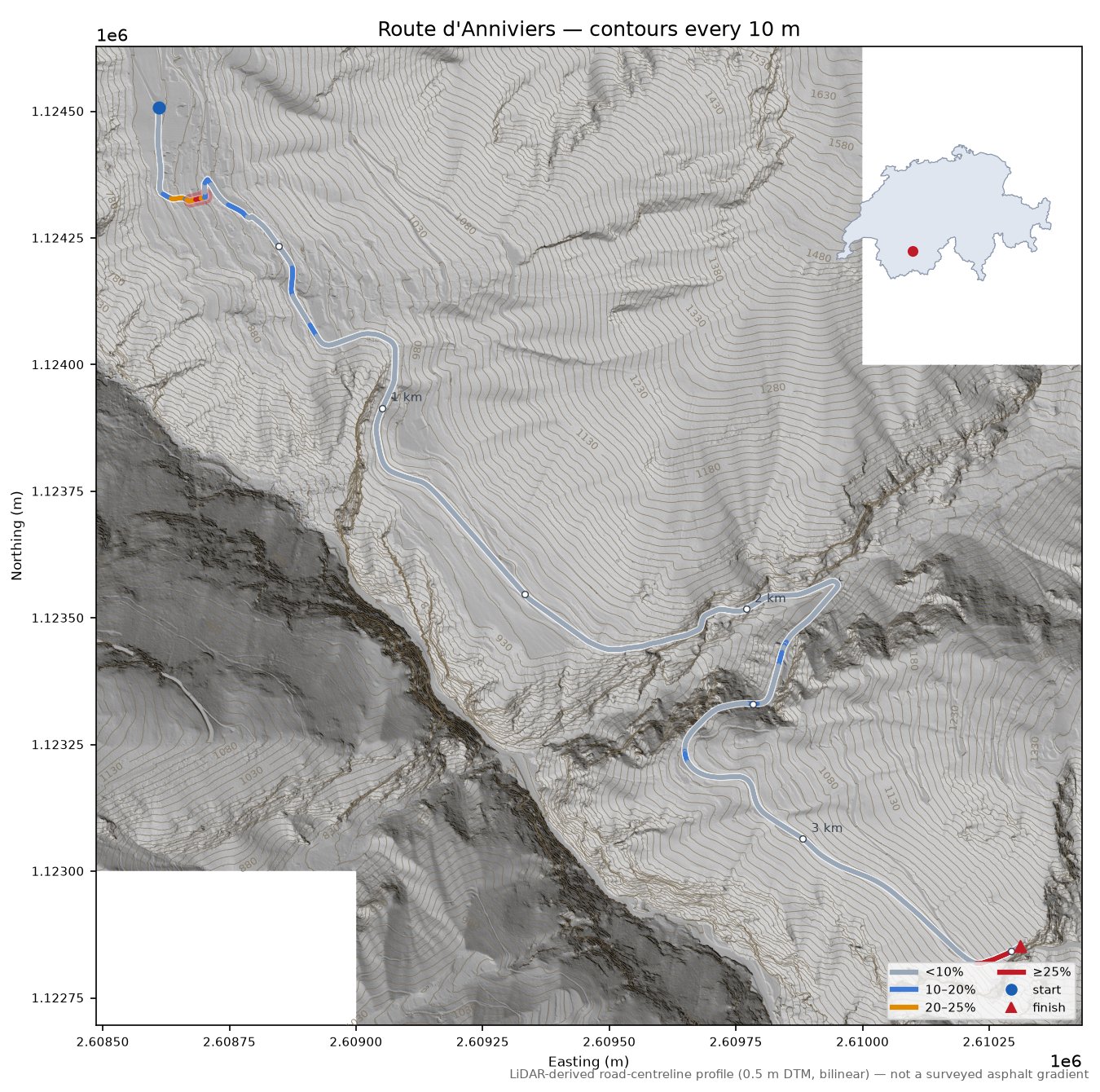 Route d'Anniviers LiDAR hillshade map with contours