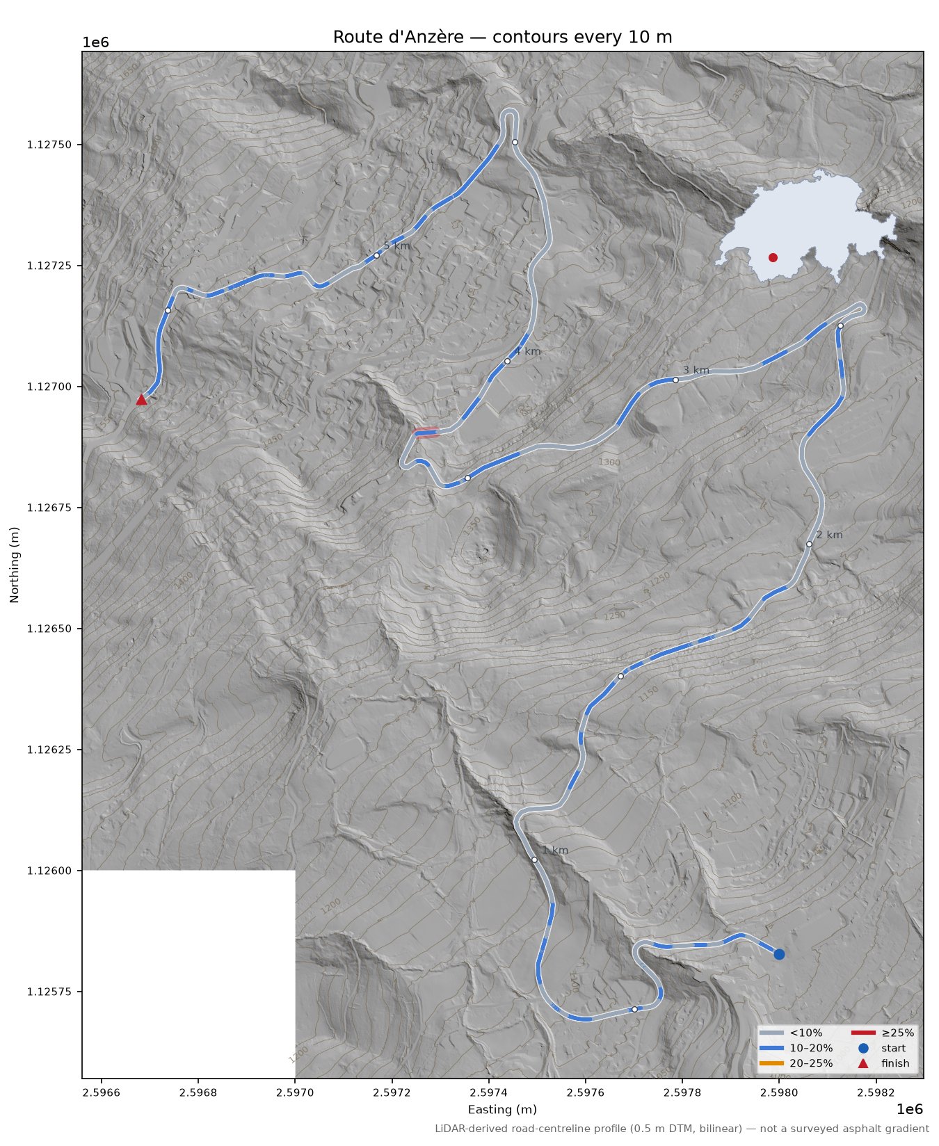 Route d'Anzère LiDAR hillshade map with contours