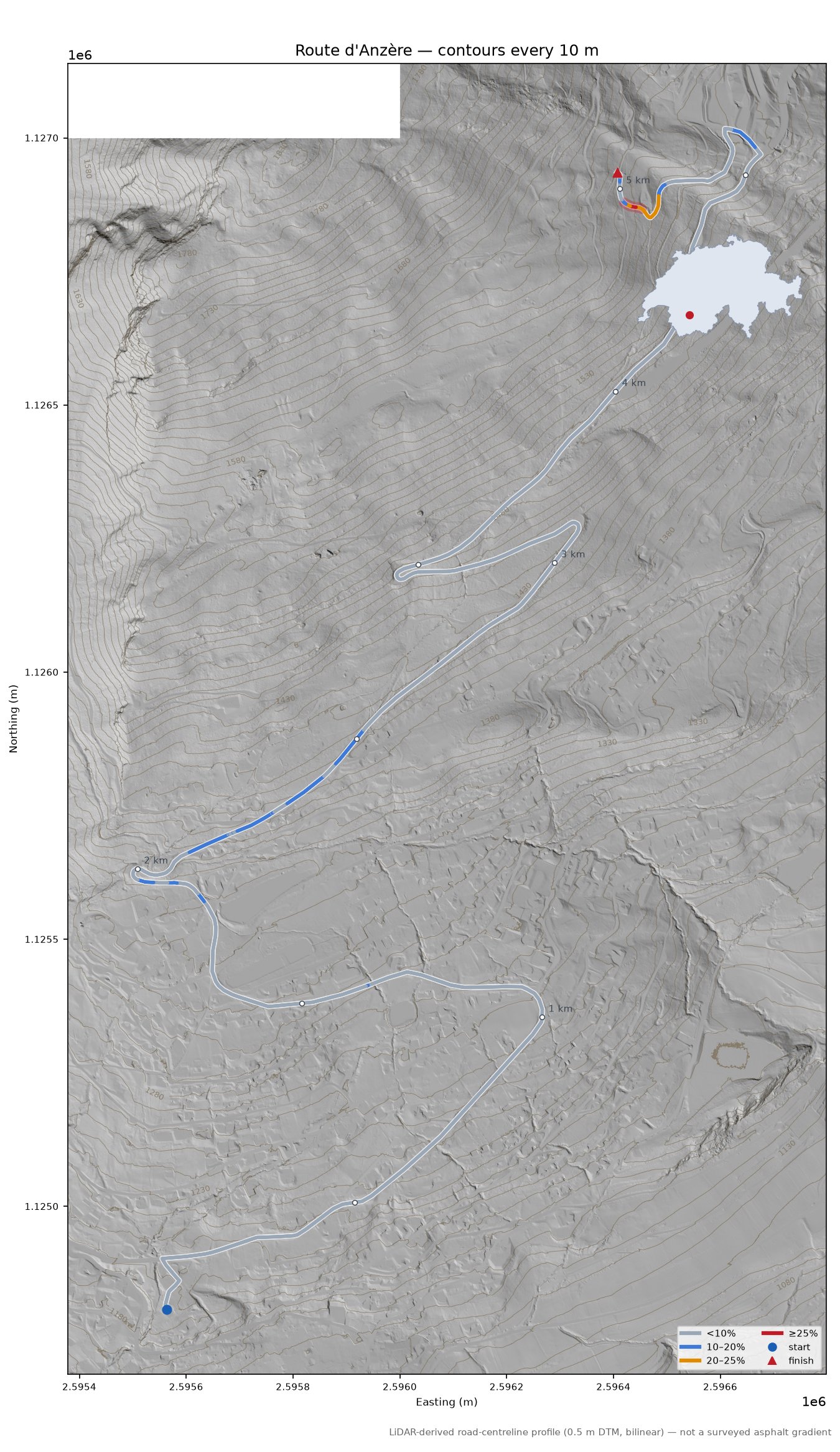 Route d'Anzère LiDAR hillshade map with contours