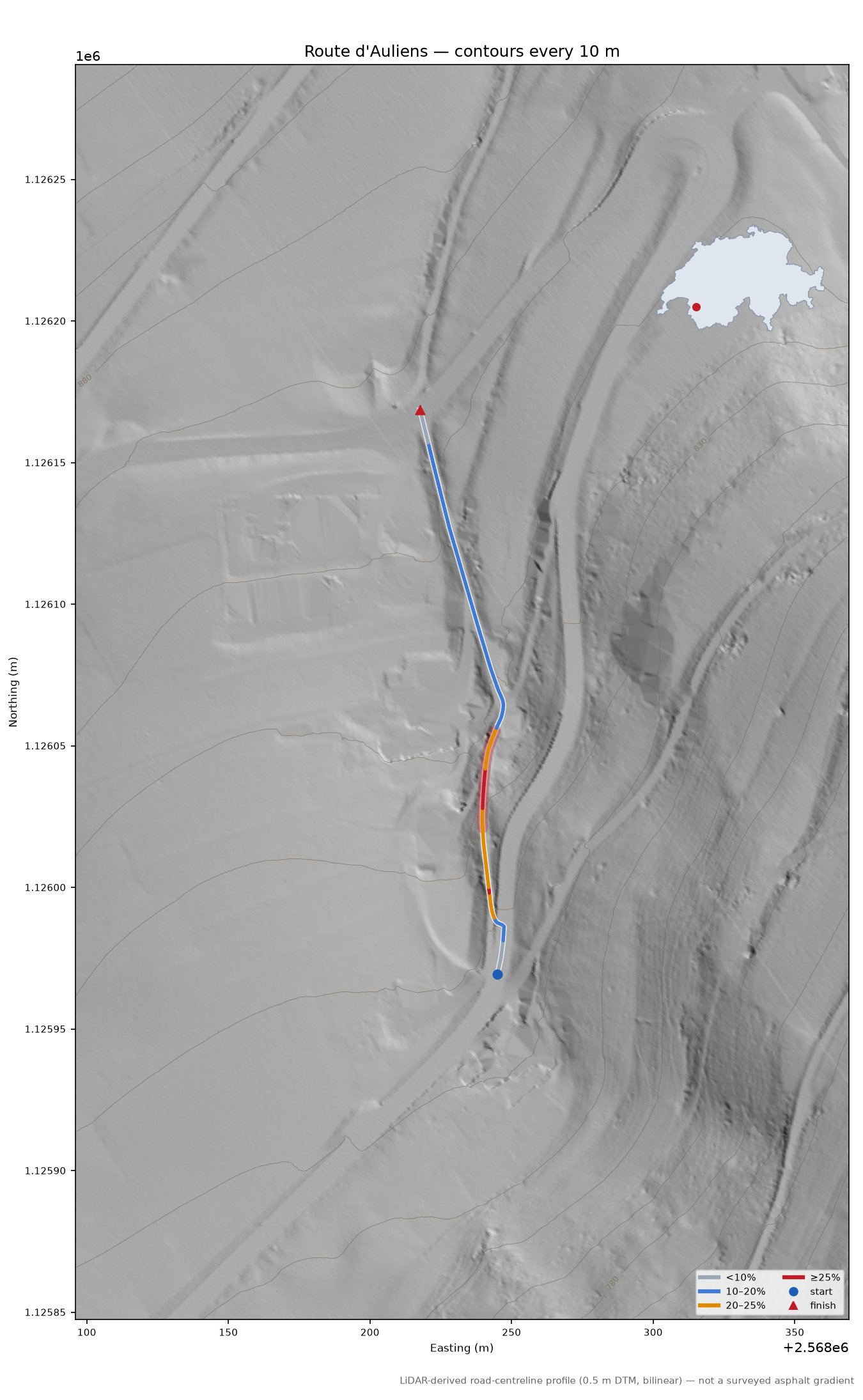 Route d'Auliens LiDAR hillshade map with contours
