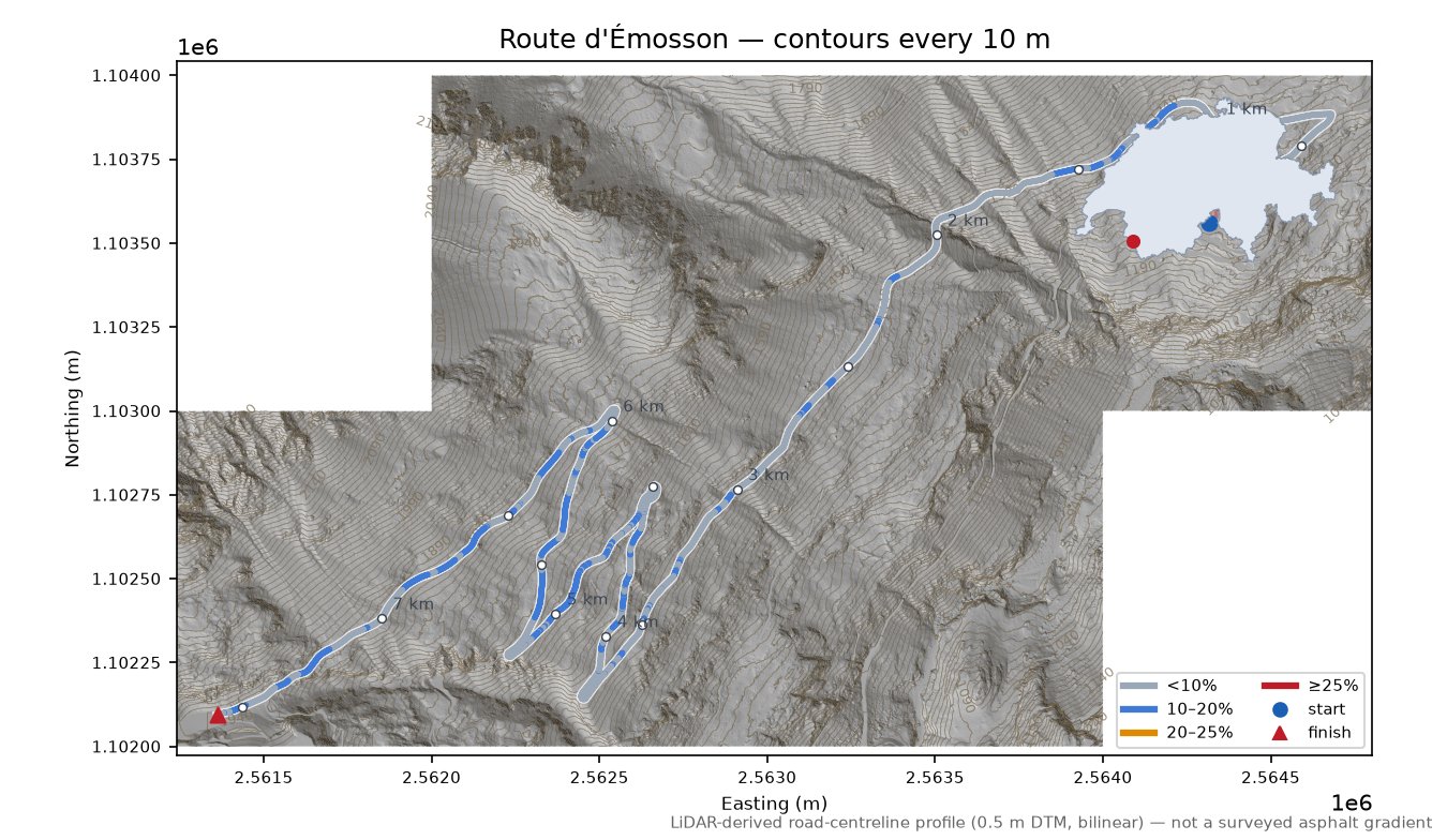 Route d'Émosson LiDAR hillshade map with contours