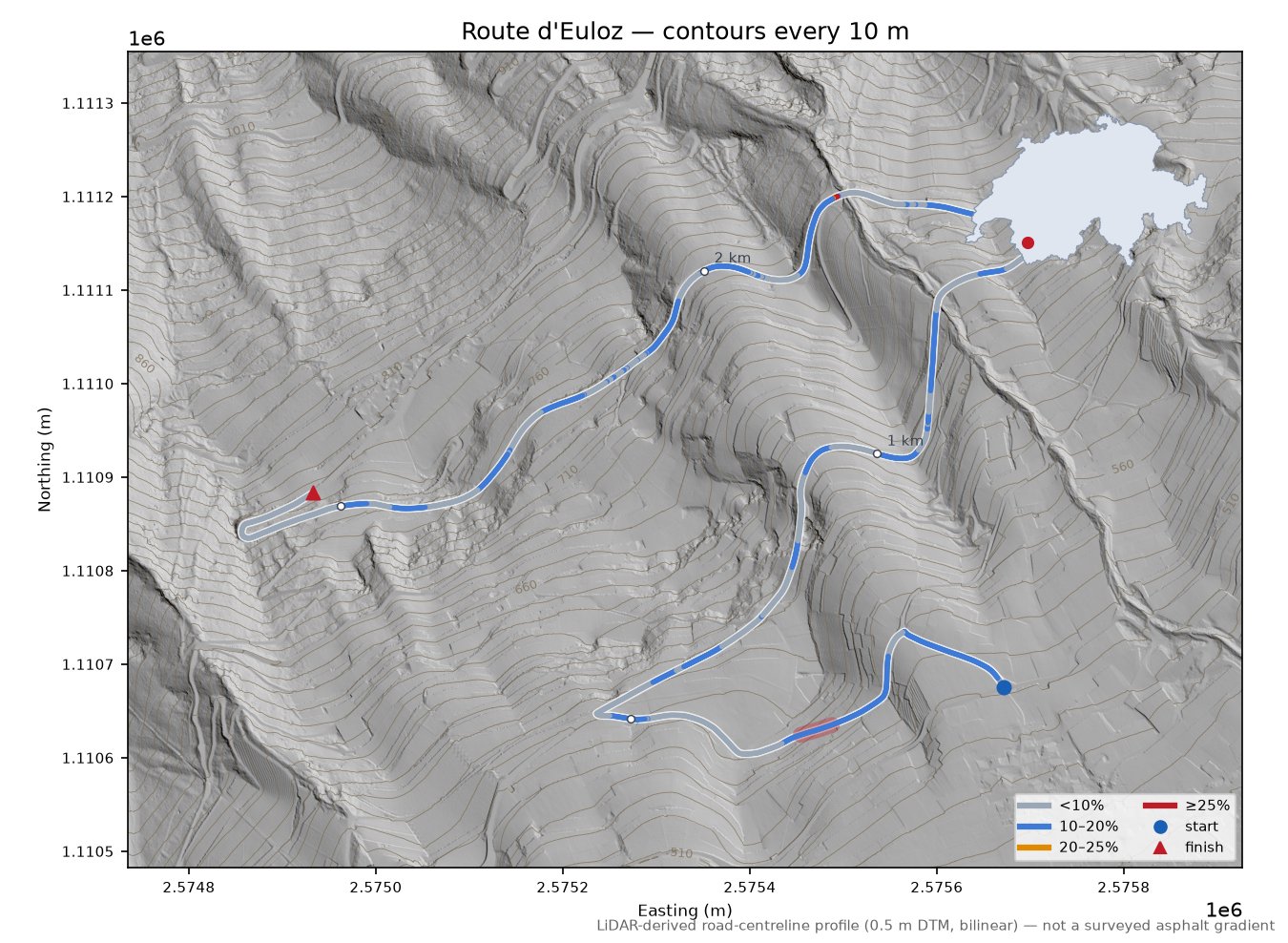 Route d'Euloz LiDAR hillshade map with contours