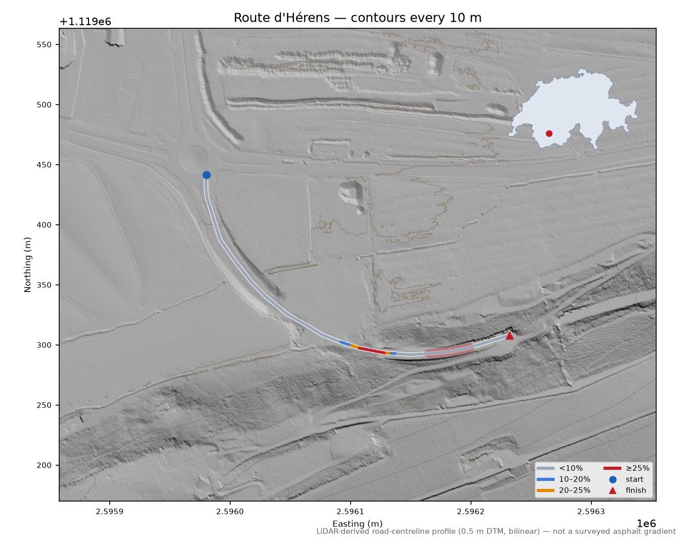 Route d'Hérens LiDAR hillshade map with contours