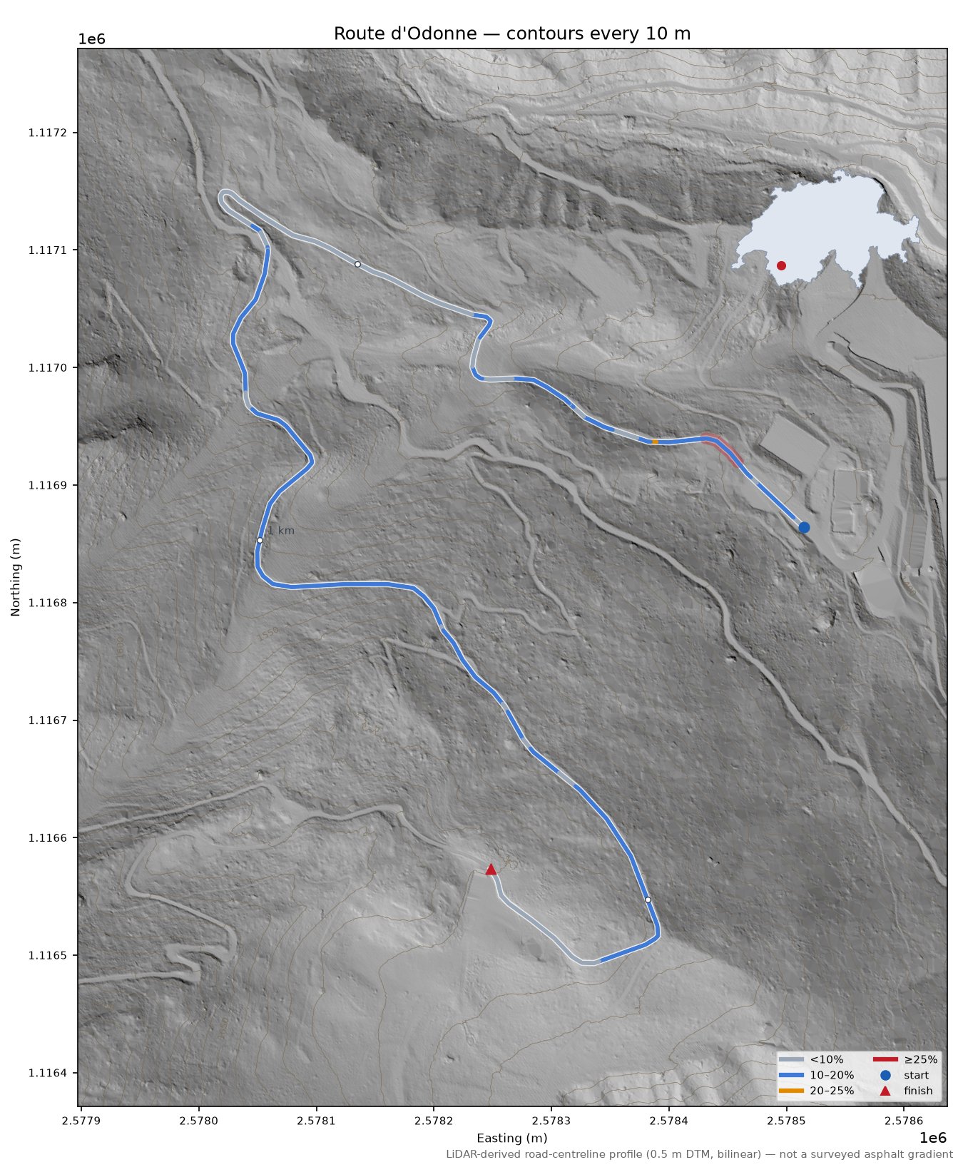 Route d'Odonne LiDAR hillshade map with contours