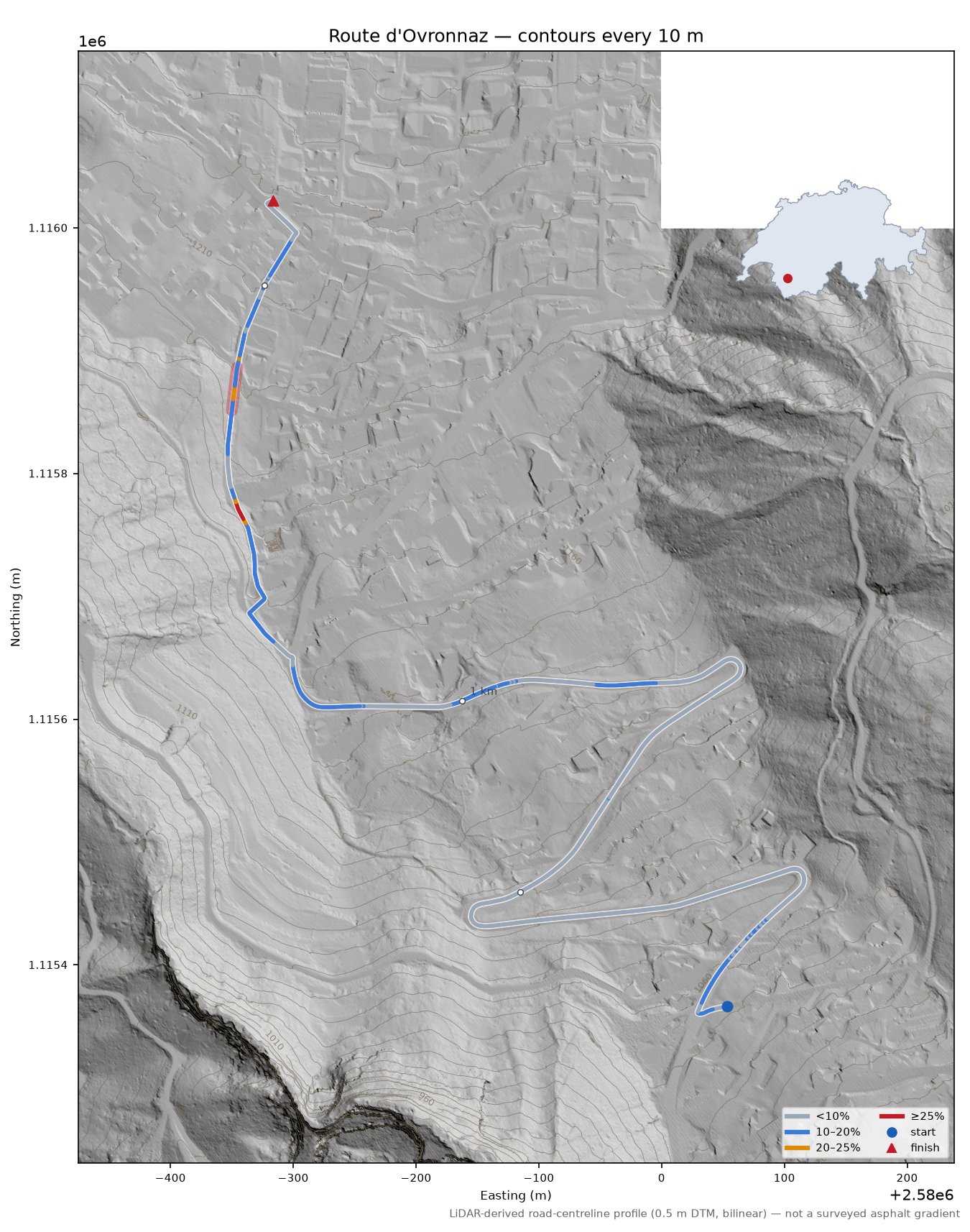Route d'Ovronnaz LiDAR hillshade map with contours