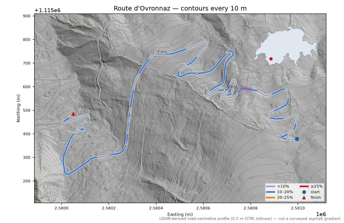 Route d'Ovronnaz LiDAR hillshade map with contours