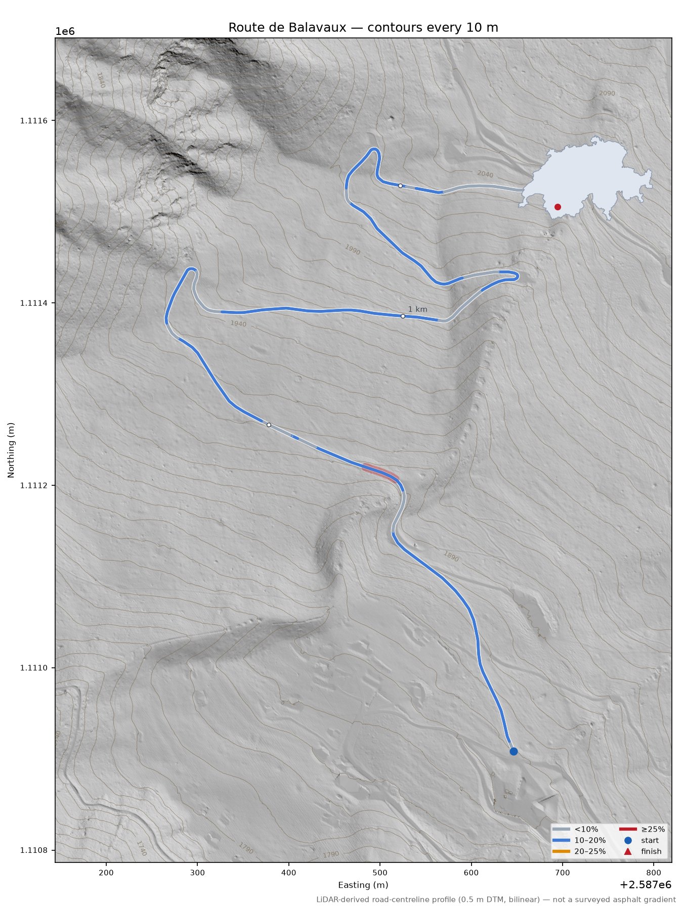 Route de Balavaux LiDAR hillshade map with contours