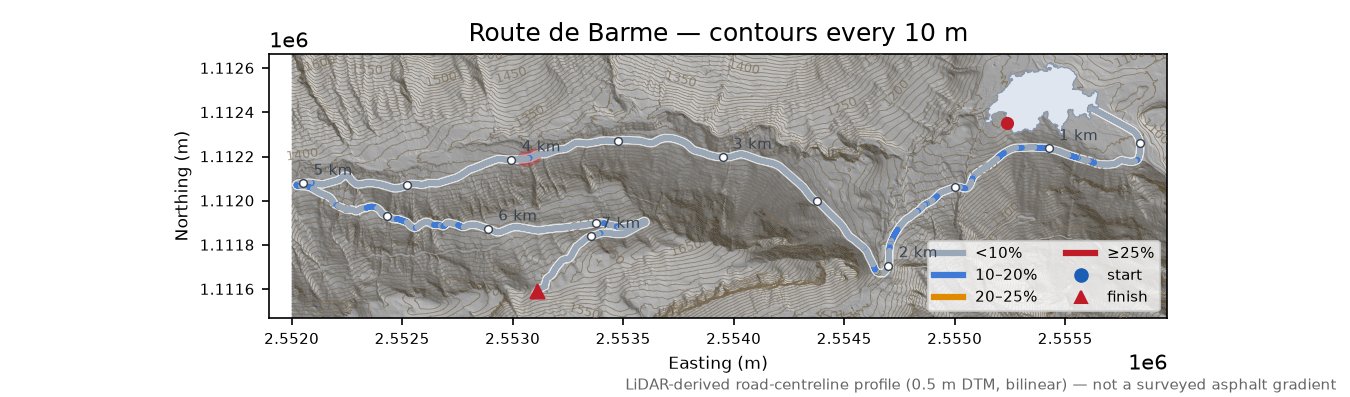 Route de Barme LiDAR hillshade map with contours