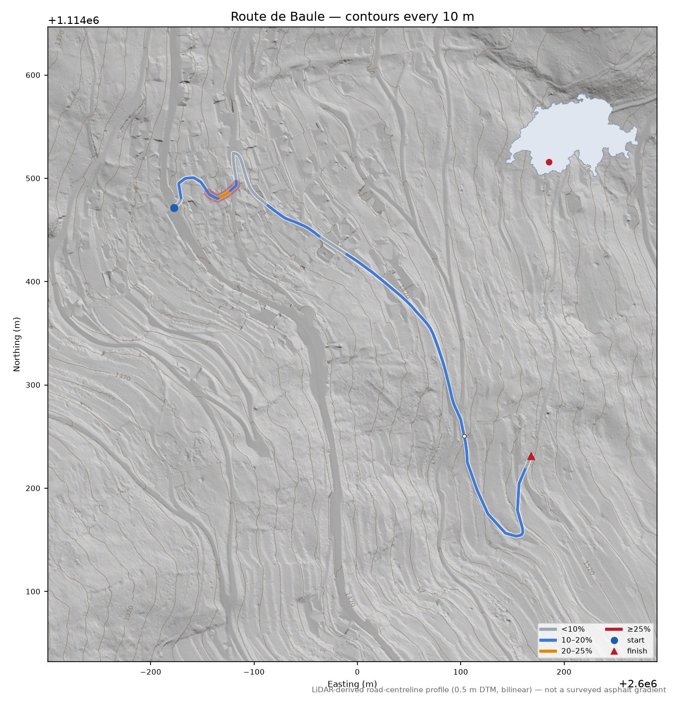 Route de Baule LiDAR hillshade map with contours