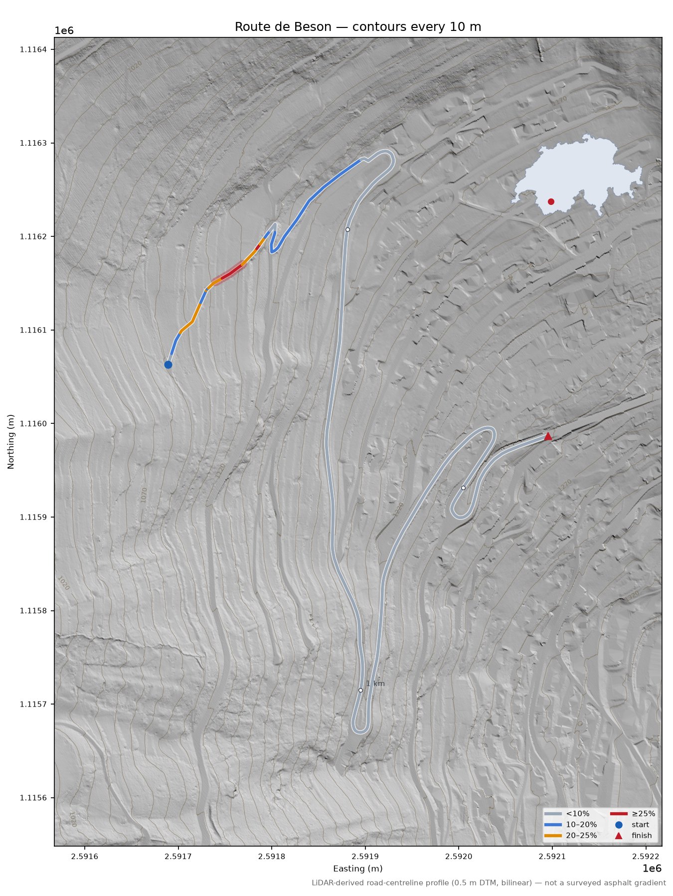 Route de Beson LiDAR hillshade map with contours