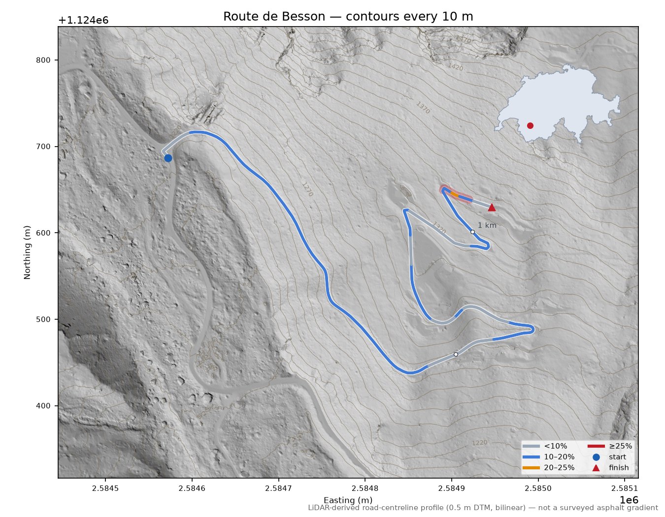 Route de Besson LiDAR hillshade map with contours