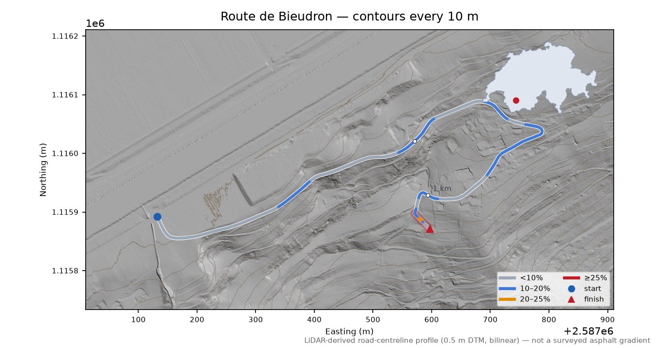 Route de Bieudron LiDAR hillshade map with contours