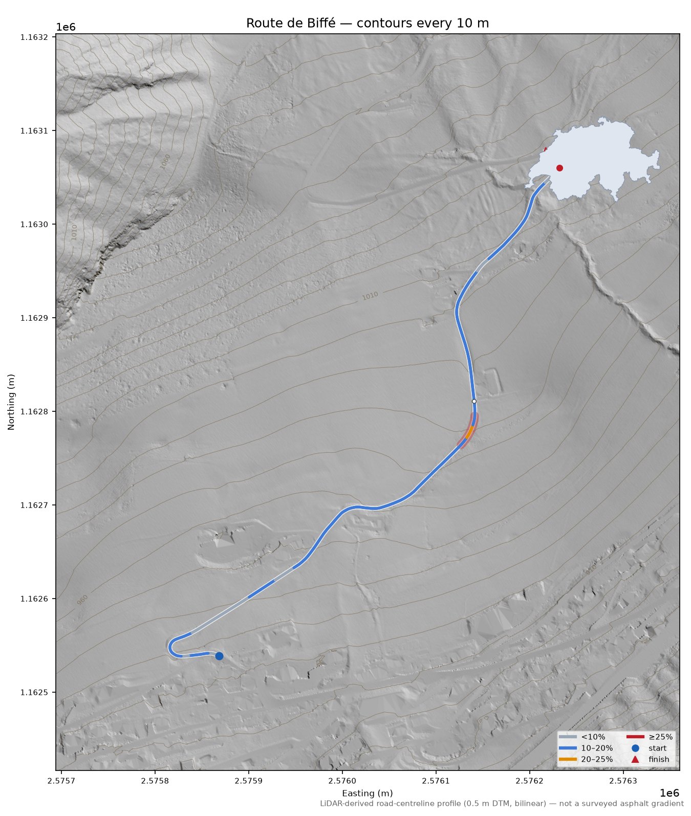 Route de Biffé LiDAR hillshade map with contours