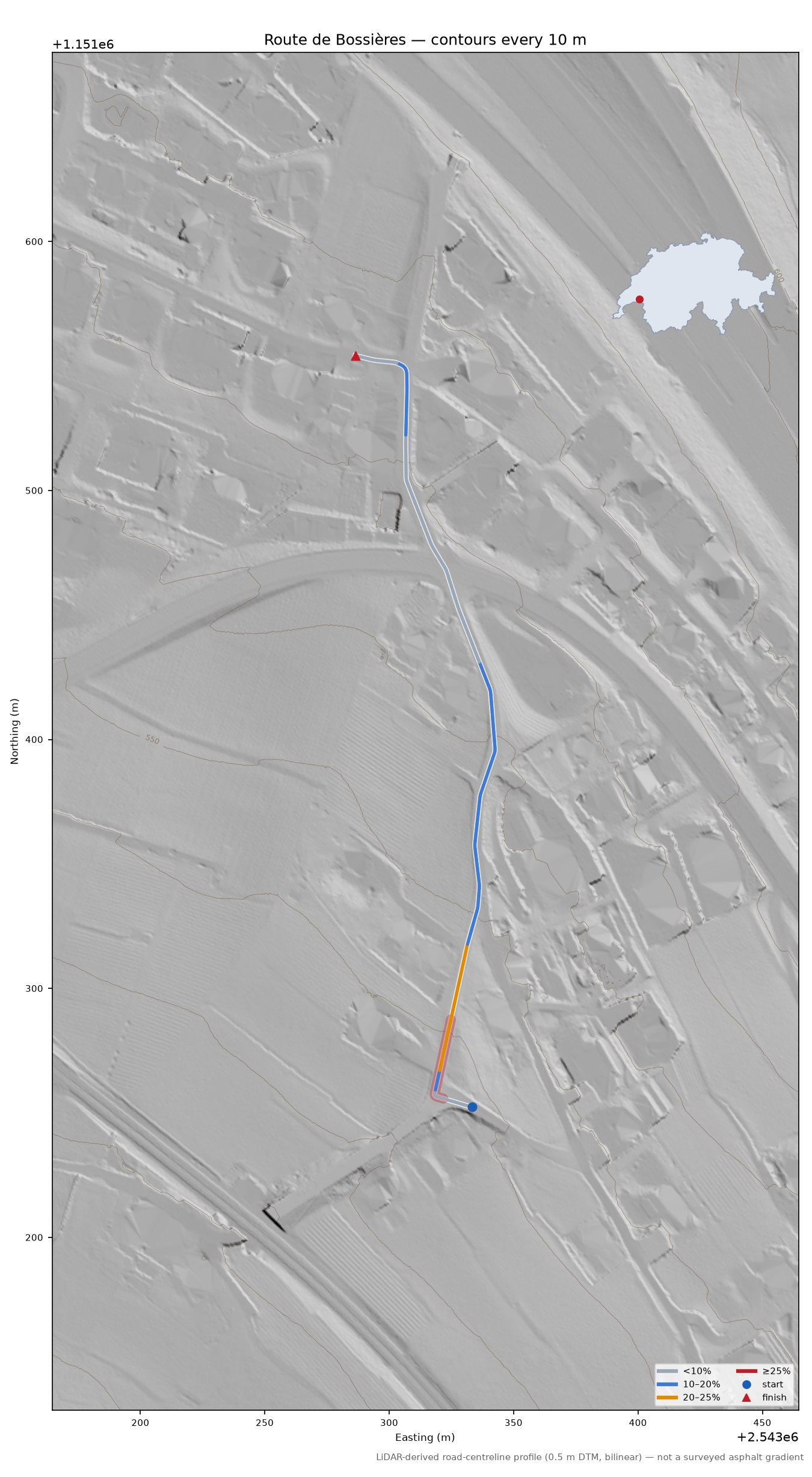 Route de Bossières LiDAR hillshade map with contours