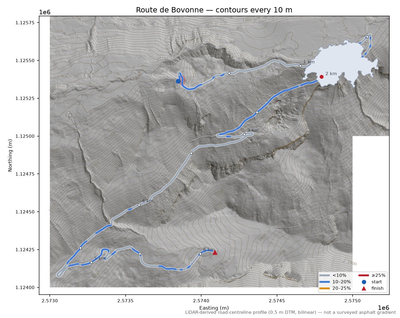 Route de Bovonne LiDAR hillshade map with contours