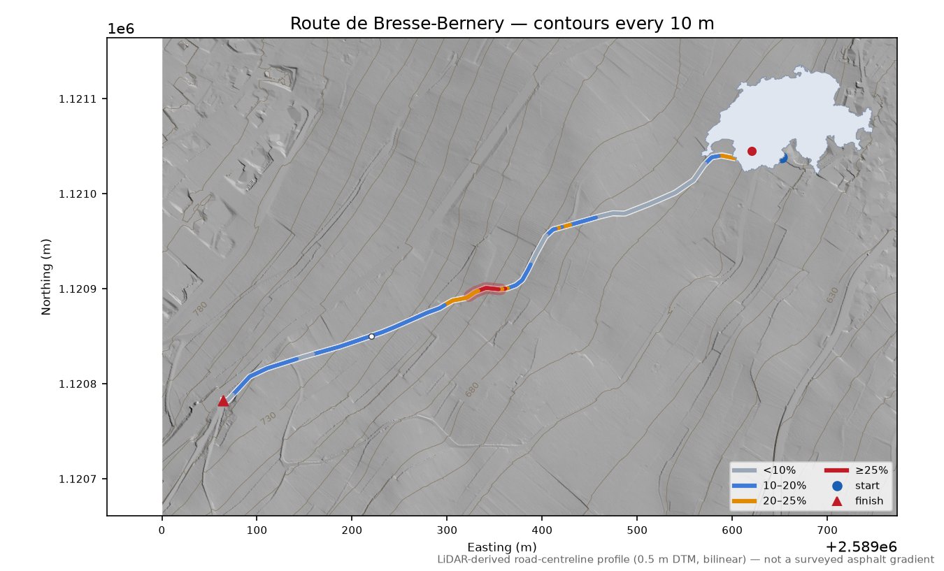 Route de Bresse-Bernery LiDAR hillshade map with contours