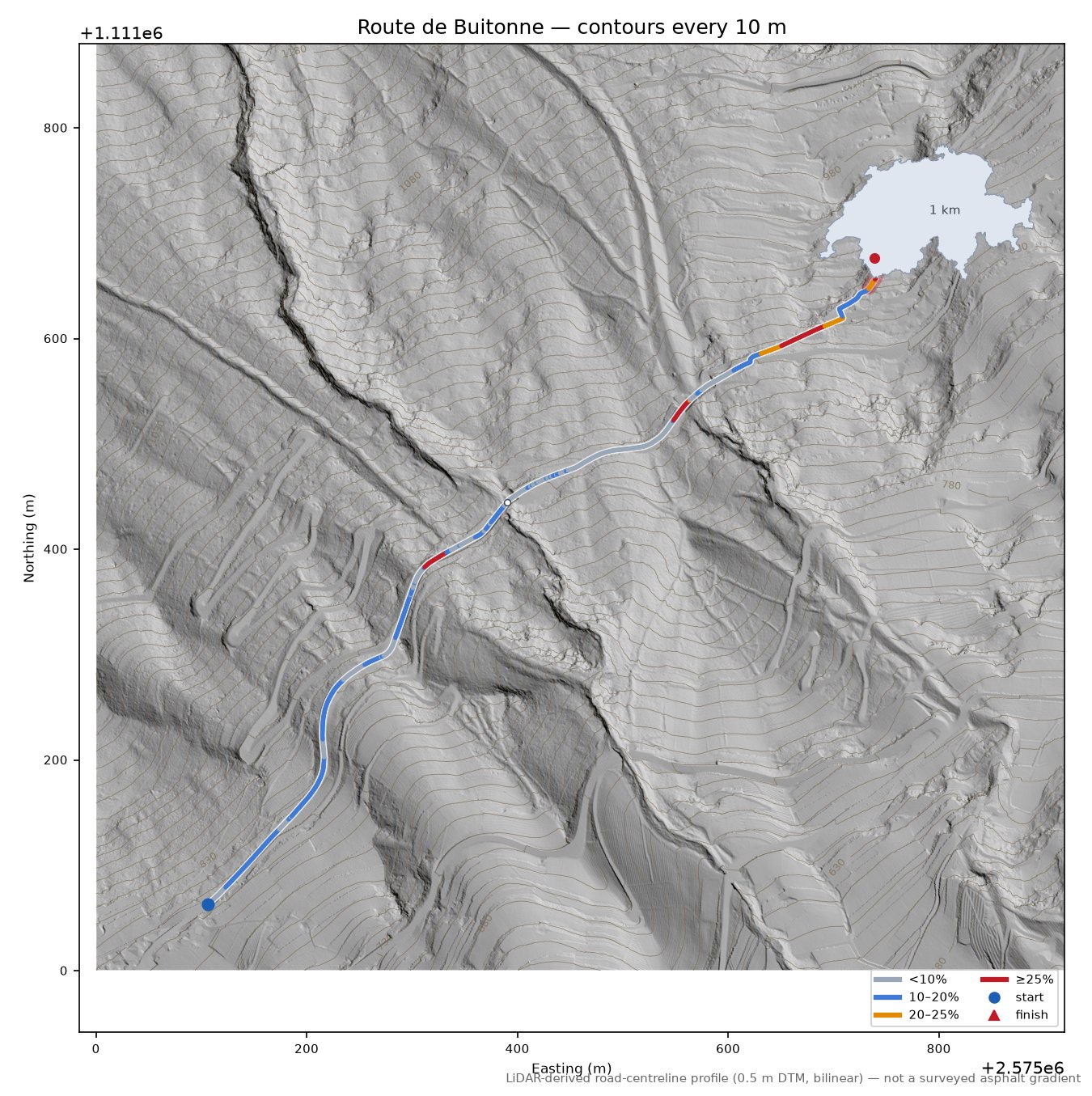 Route de Buitonne LiDAR hillshade map with contours