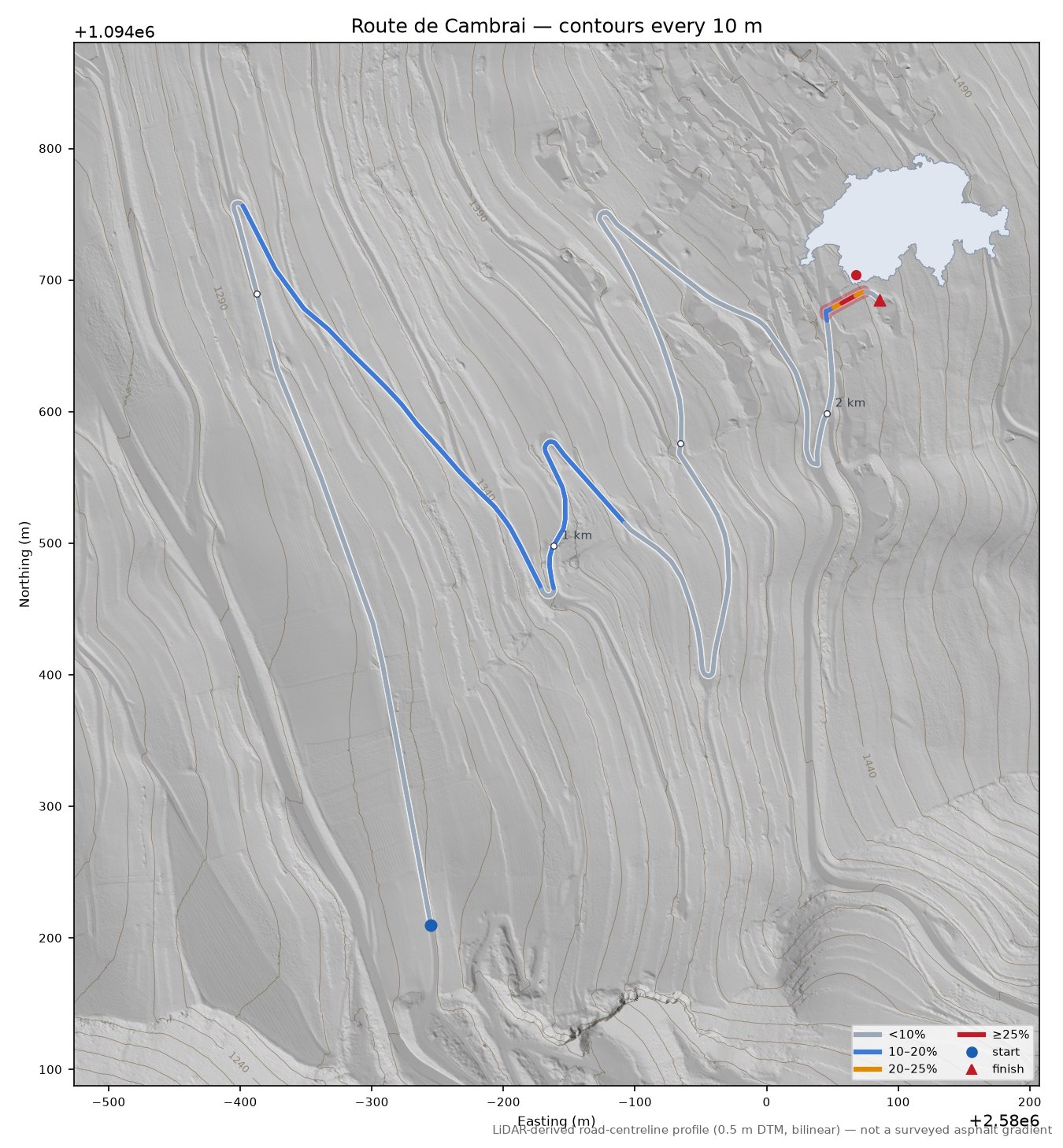 Route de Cambrai LiDAR hillshade map with contours