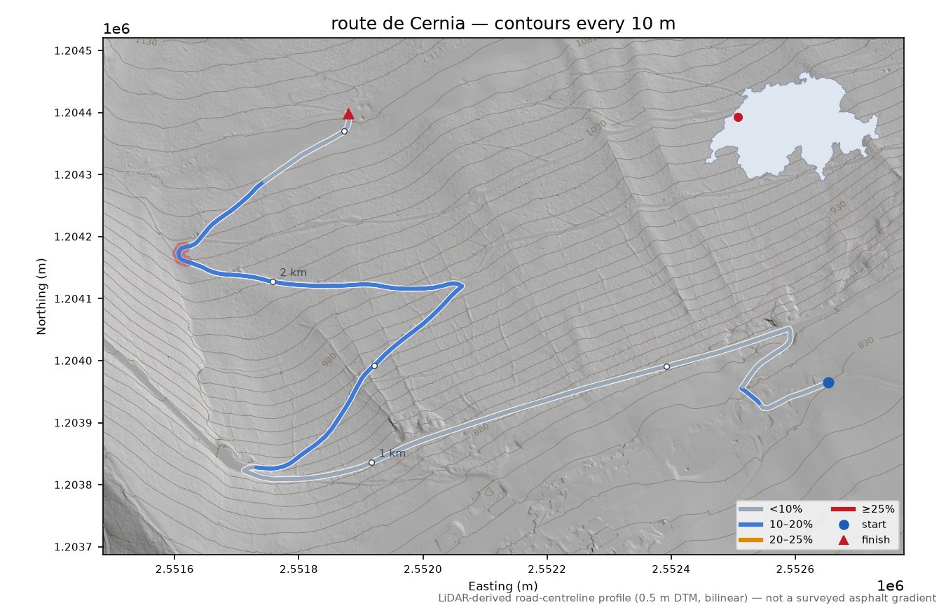 route de Cernia LiDAR hillshade map with contours
