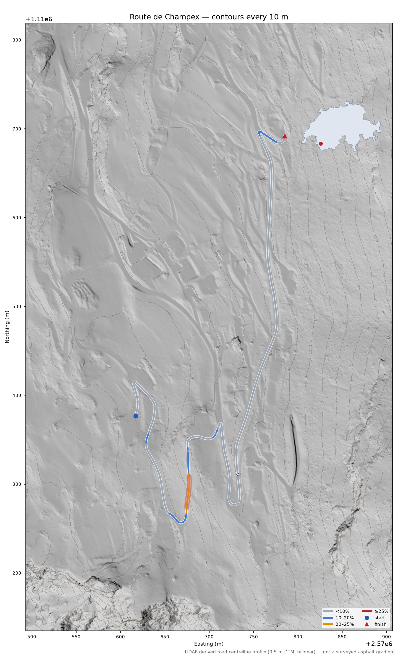 Route de Champex LiDAR hillshade map with contours