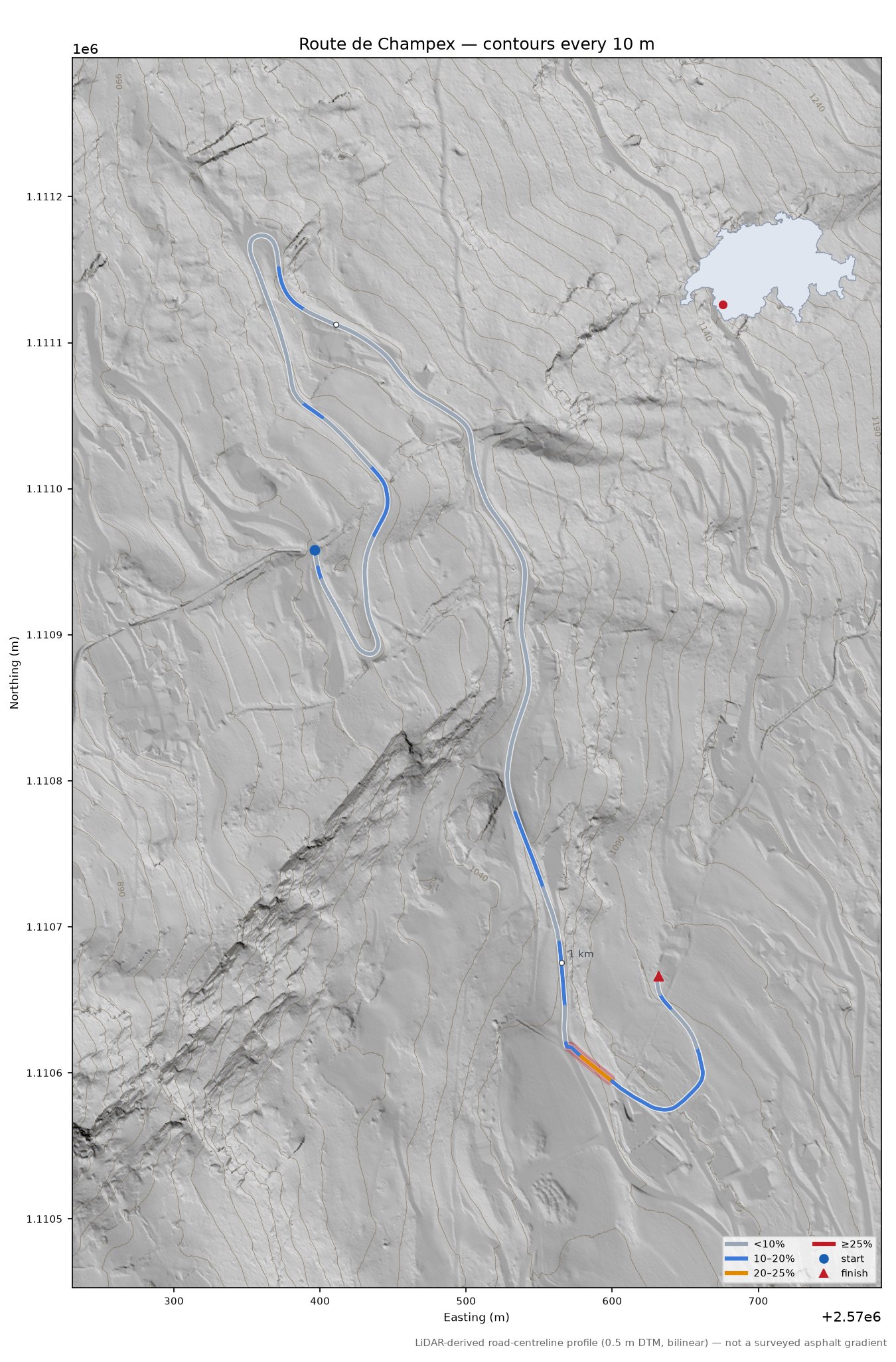 Route de Champex LiDAR hillshade map with contours