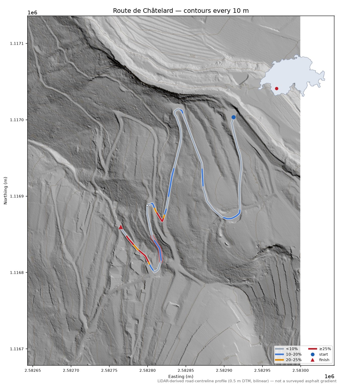 Route de Châtelard LiDAR hillshade map with contours