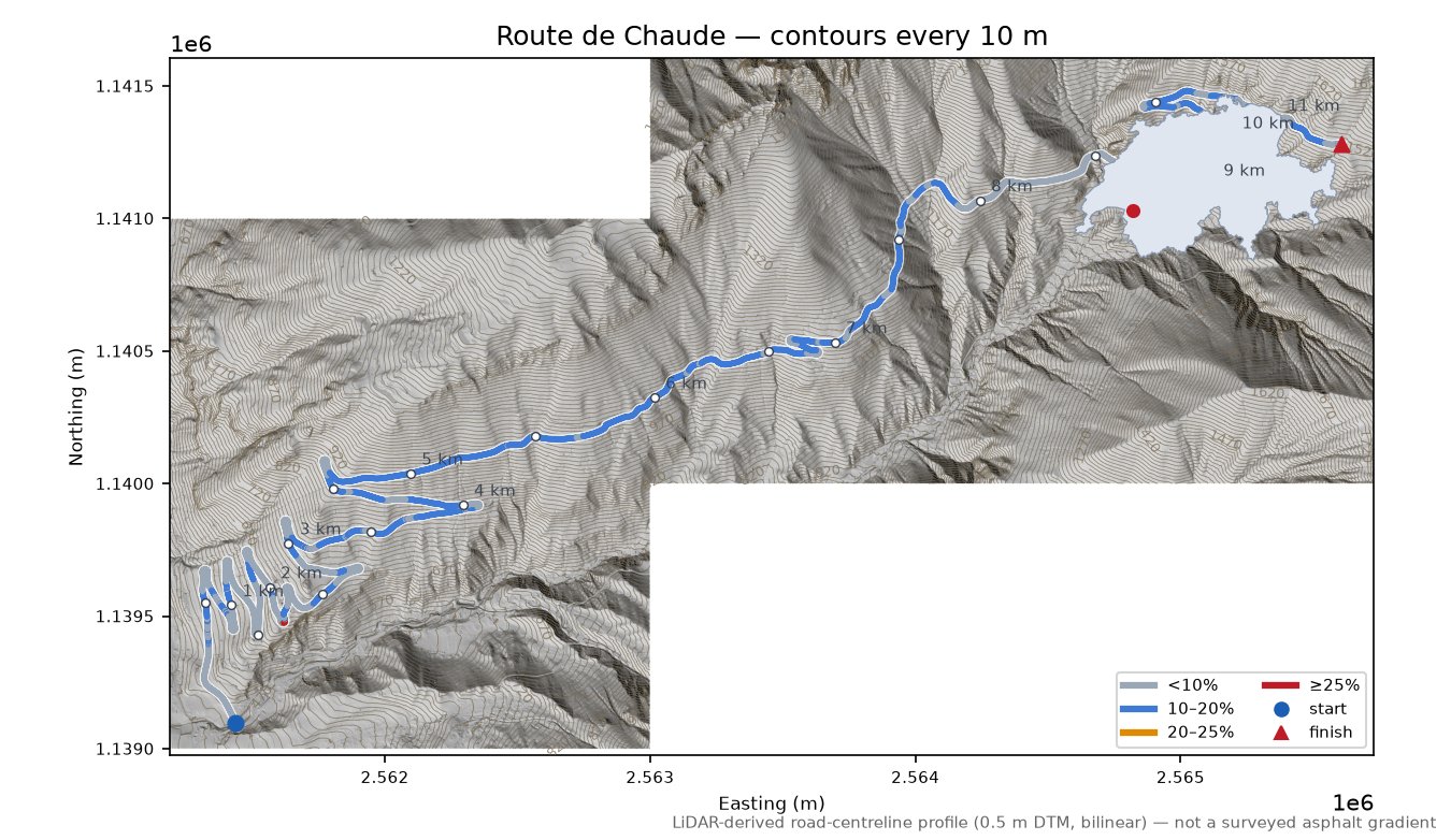 Route de Chaude LiDAR hillshade map with contours