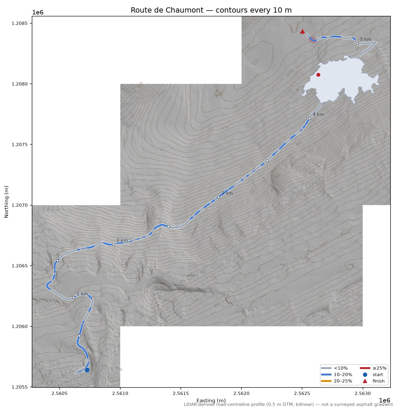 Route de Chaumont LiDAR hillshade map with contours