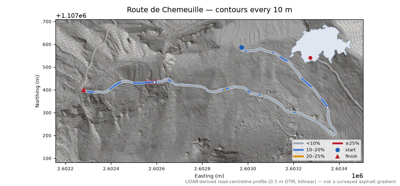 Route de Chemeuille LiDAR hillshade map with contours