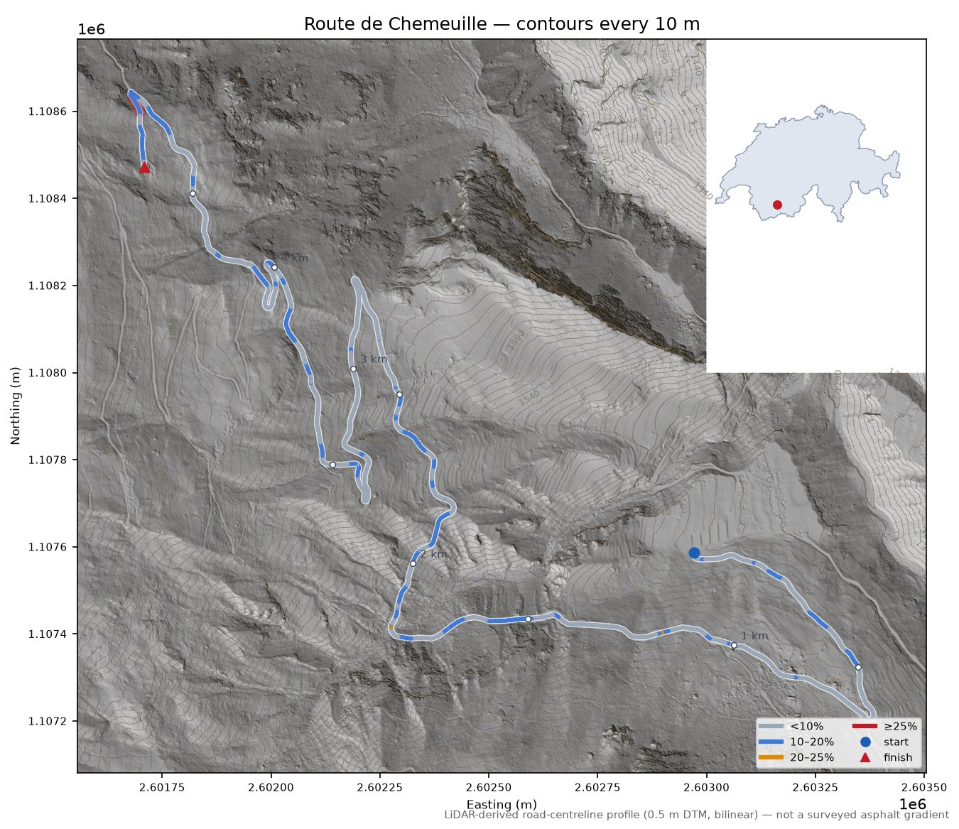 Route de Chemeuille LiDAR hillshade map with contours