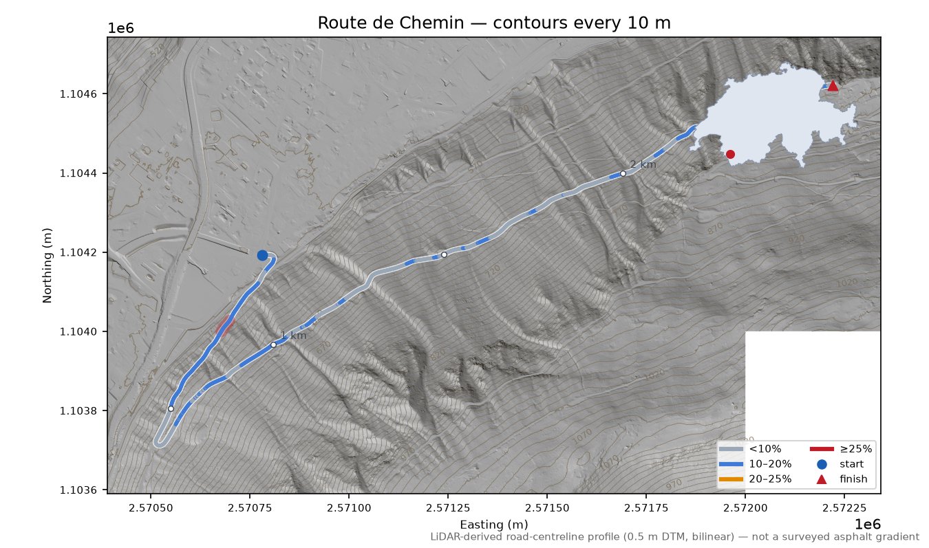 Route de Chemin LiDAR hillshade map with contours