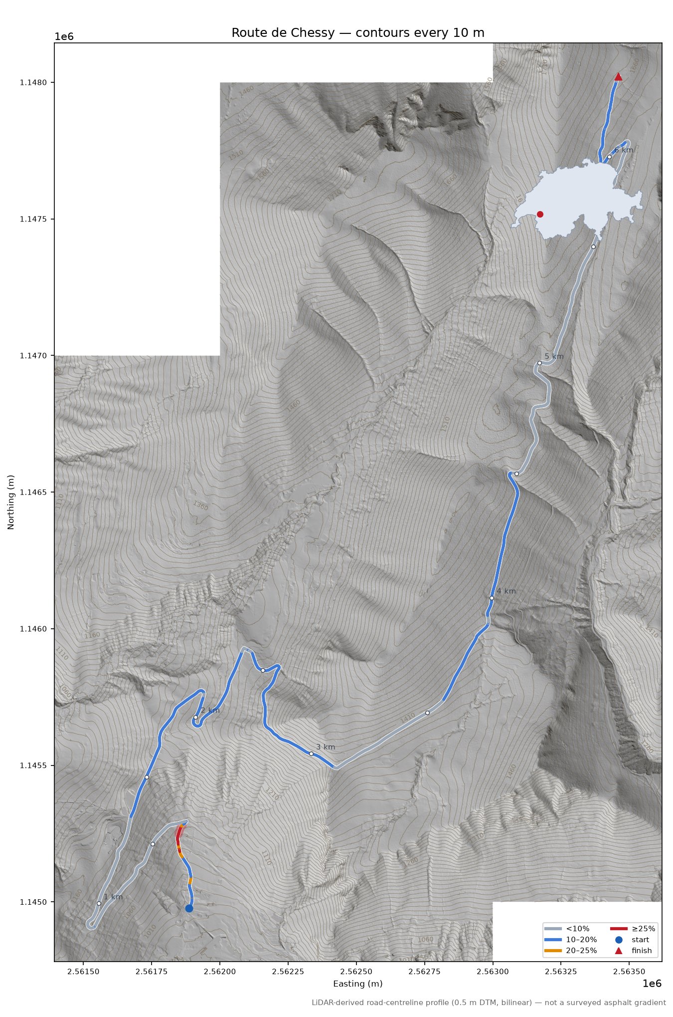 Route de Chessy LiDAR hillshade map with contours