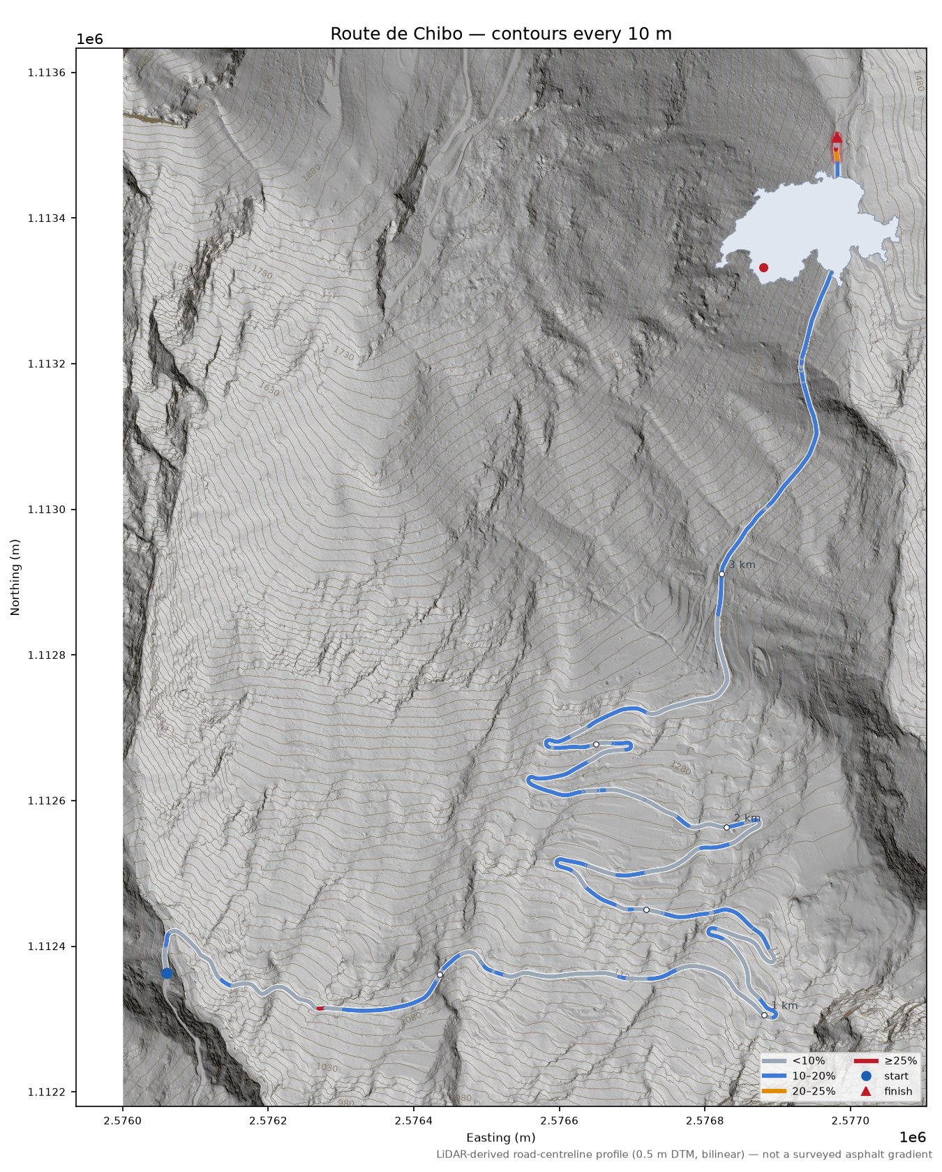 Route de Chibo LiDAR hillshade map with contours