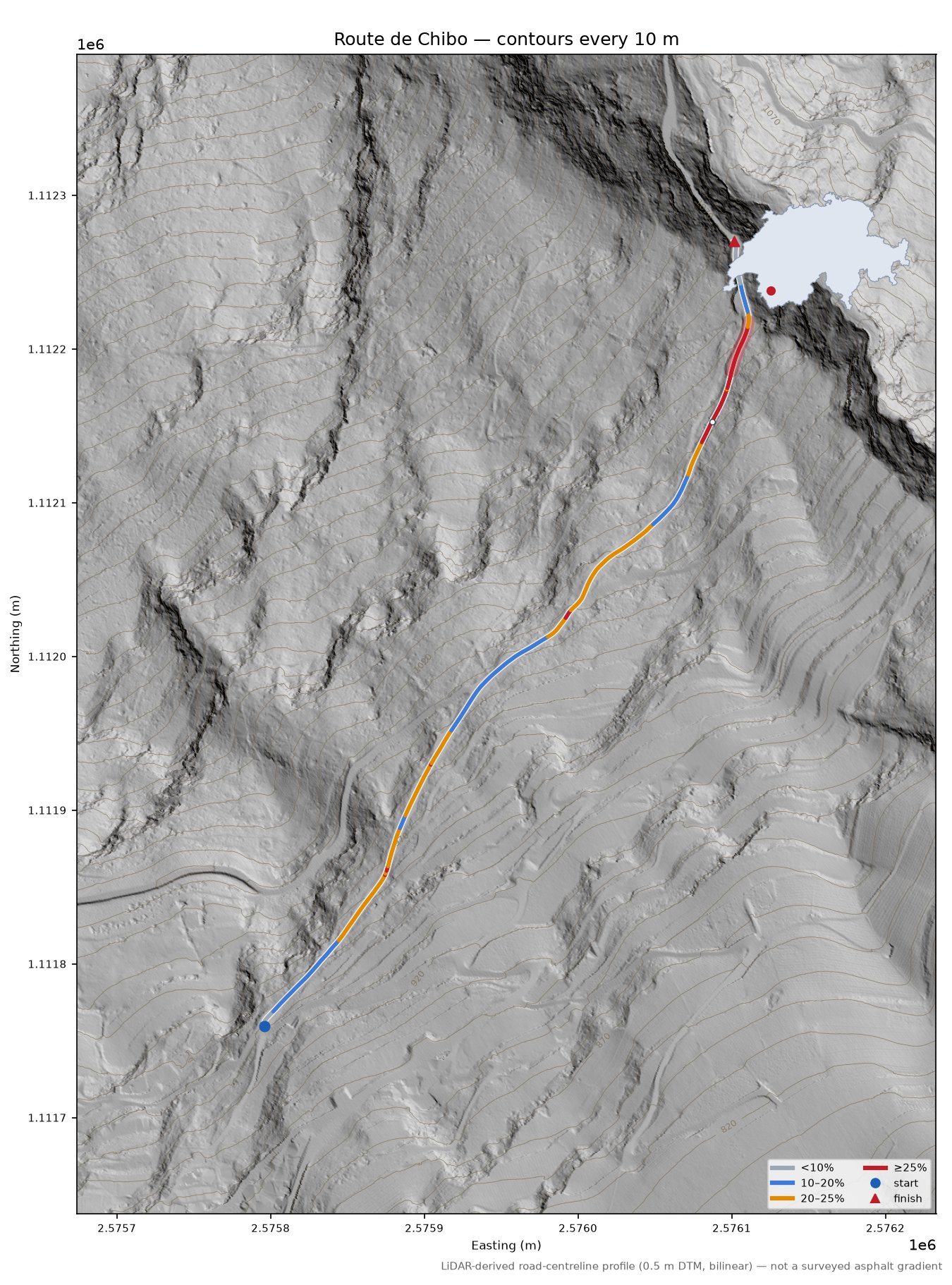 Route de Chibo LiDAR hillshade map with contours